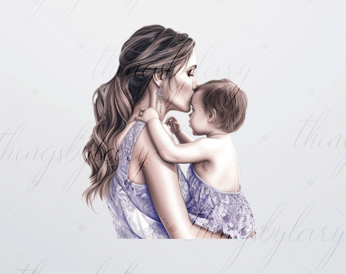 12 Watercolor Mom kissing baby From The Back View PNG Images – ThingsbyLary