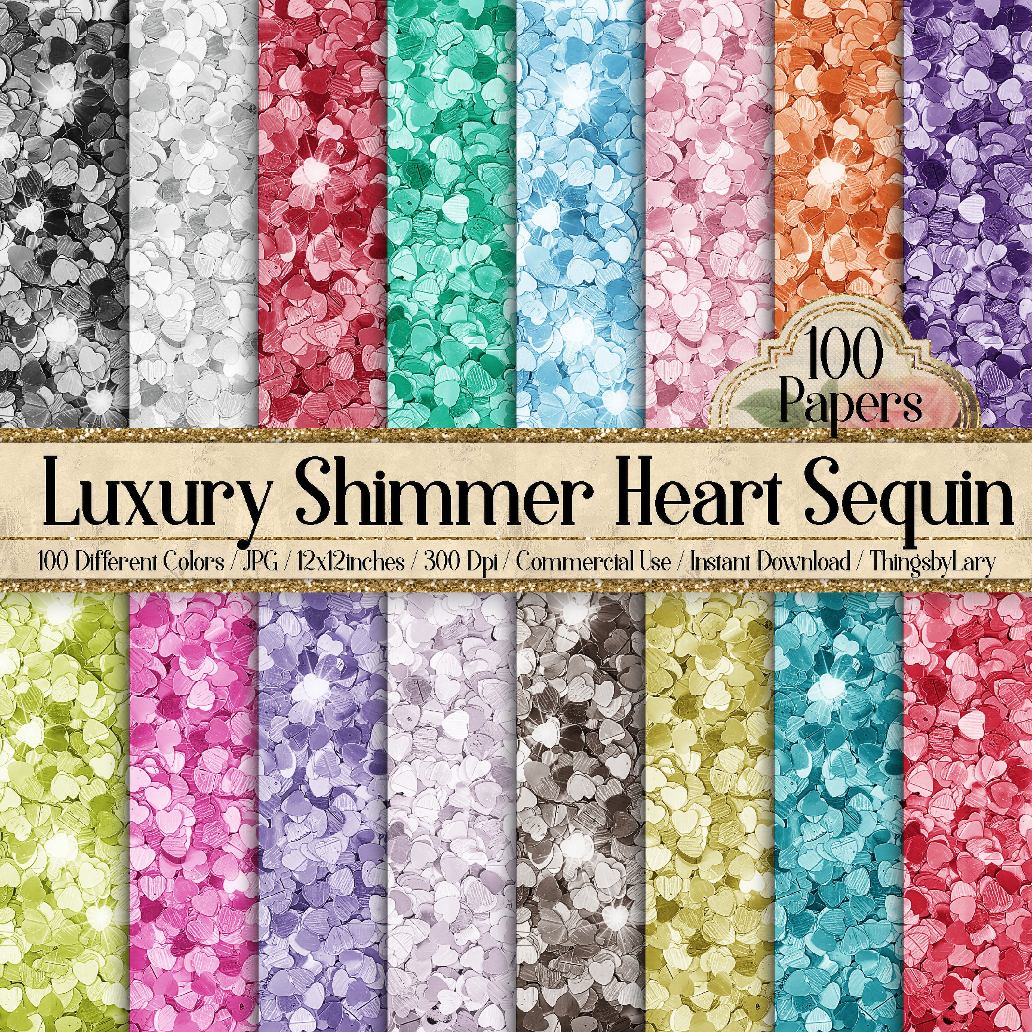 100 Luxury Shimmer Heart Sequin Digital Papers