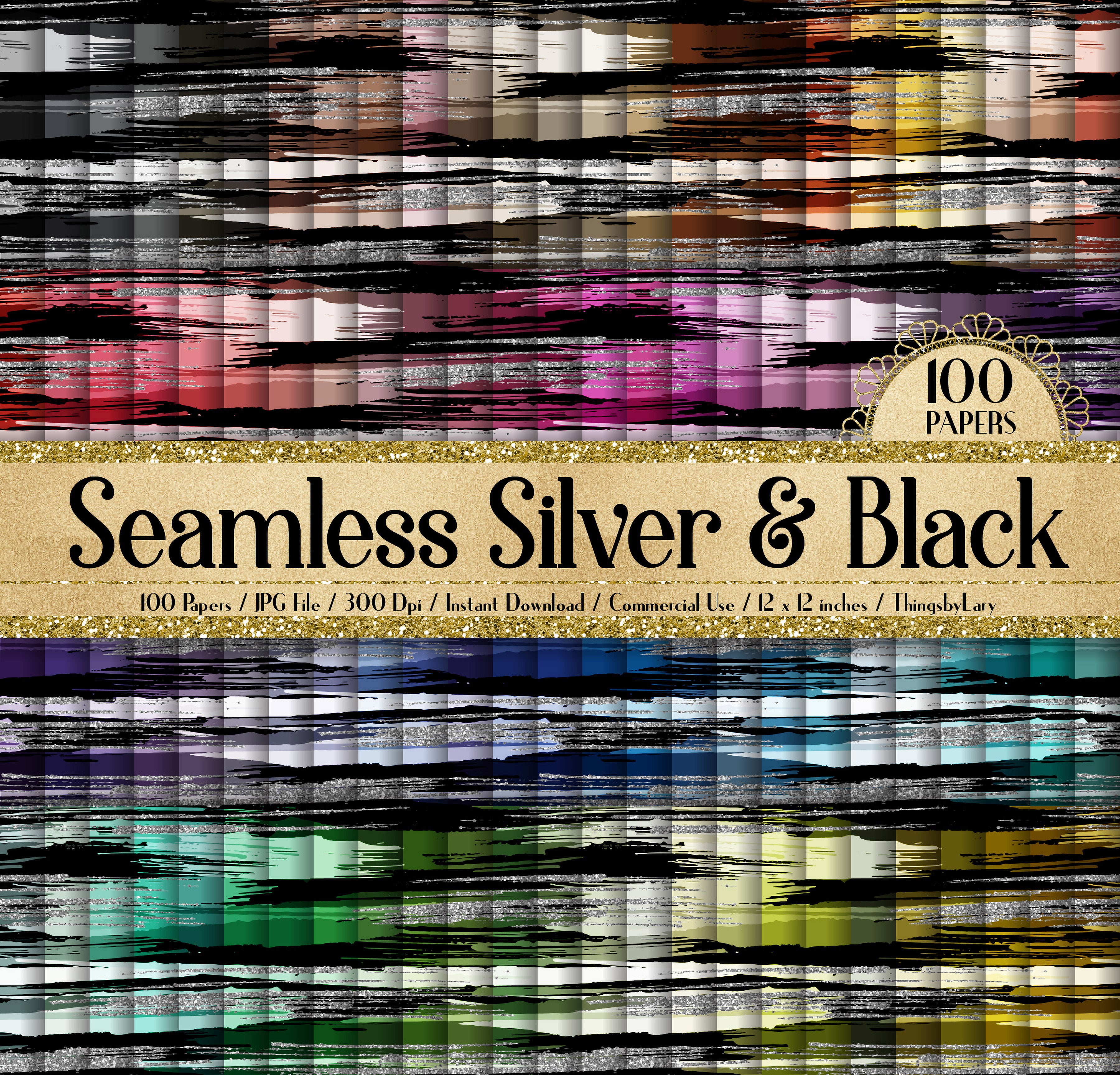 100 Seamless Black and Silver Glitter Brush Stroke Digital Papers