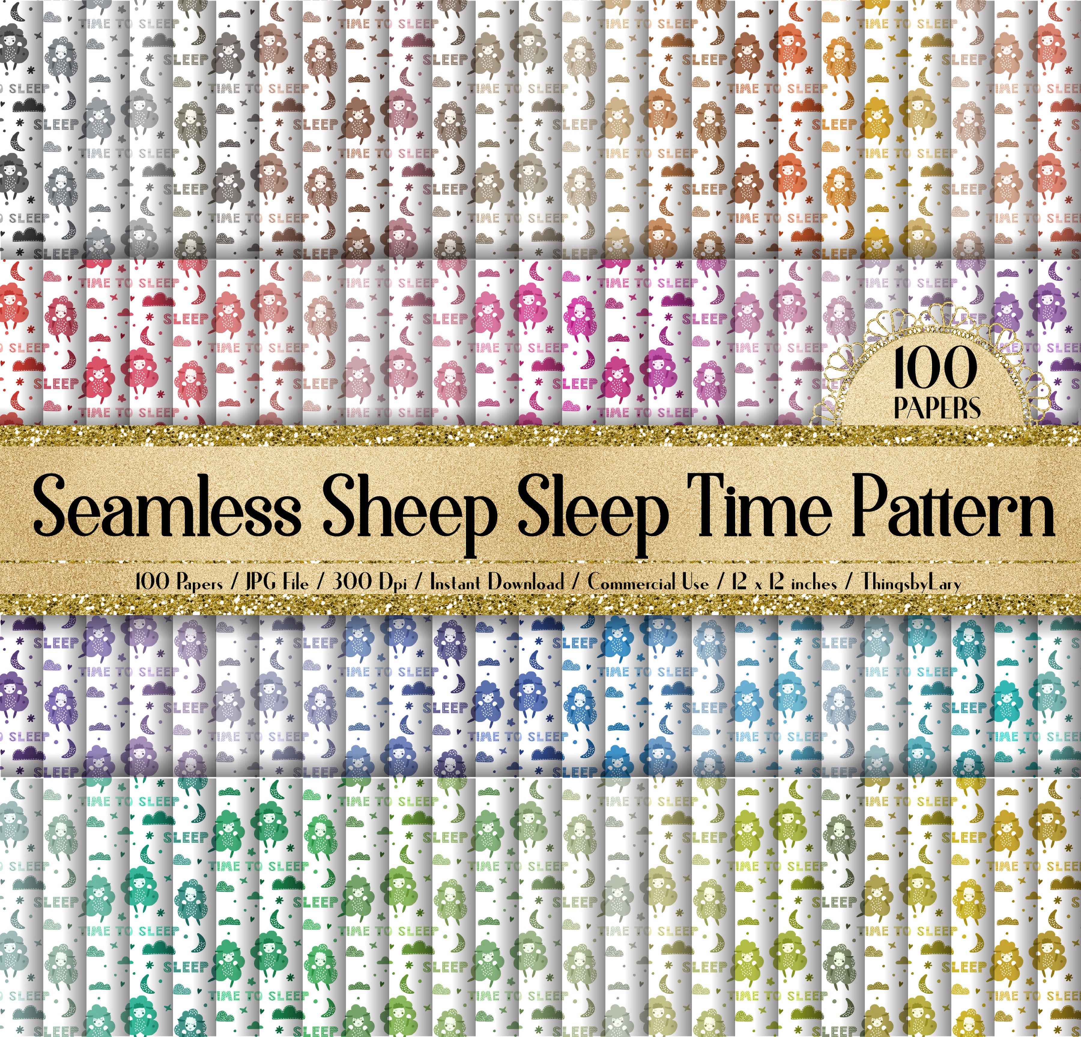 100 Seamless Cute Sheep Kid Sleep Time Digital Papers