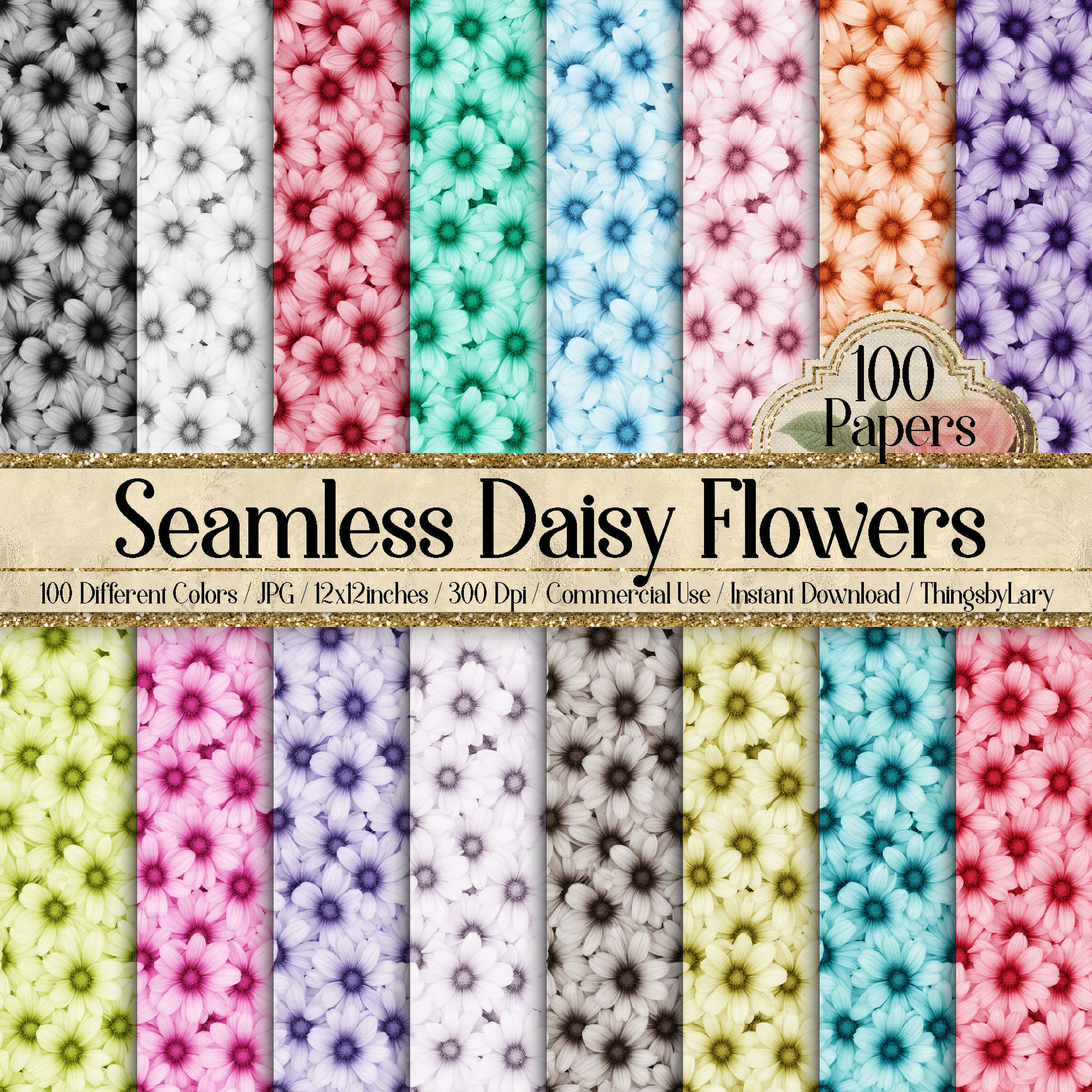 100 Seamless Daisy Flowers Digital Papers