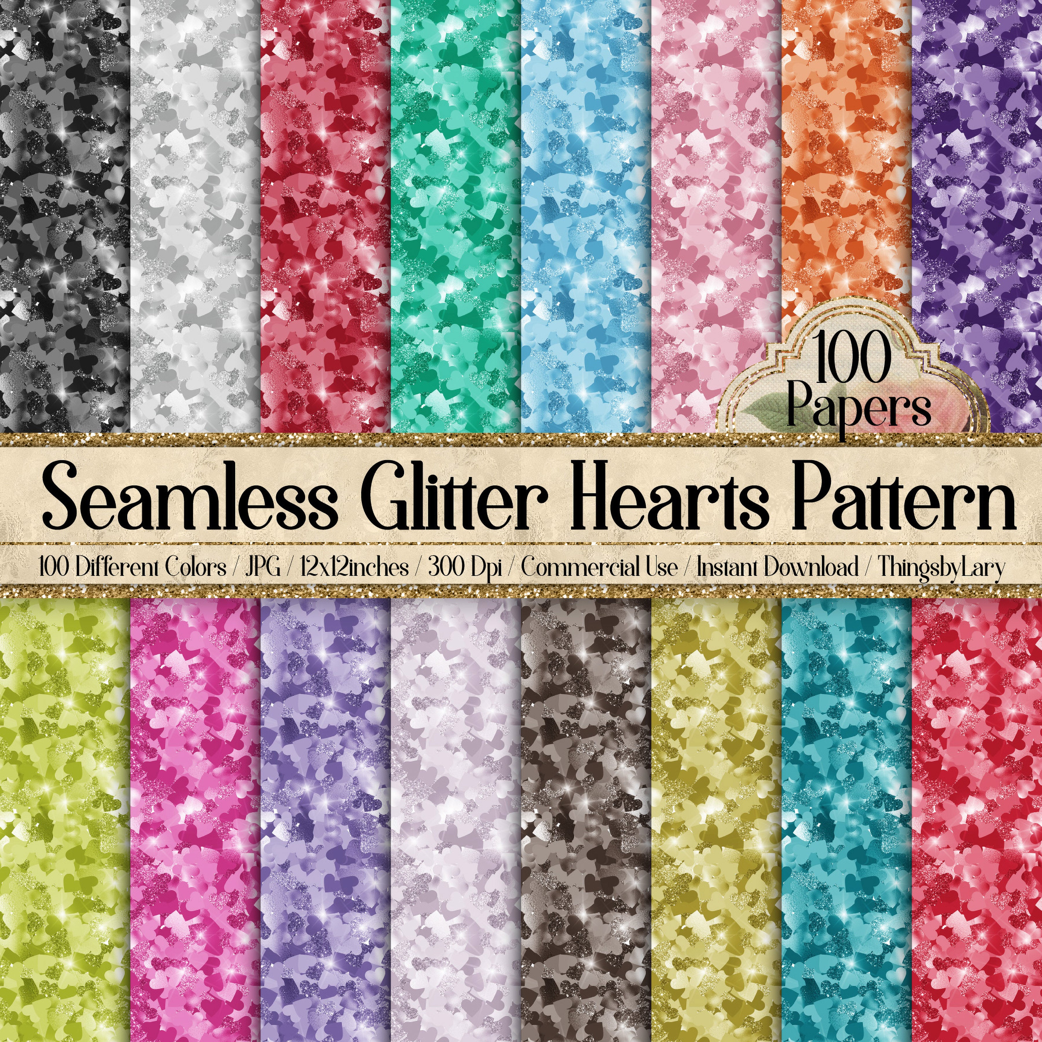 100 Seamless Glitter Hearts Pattern Digital Papers