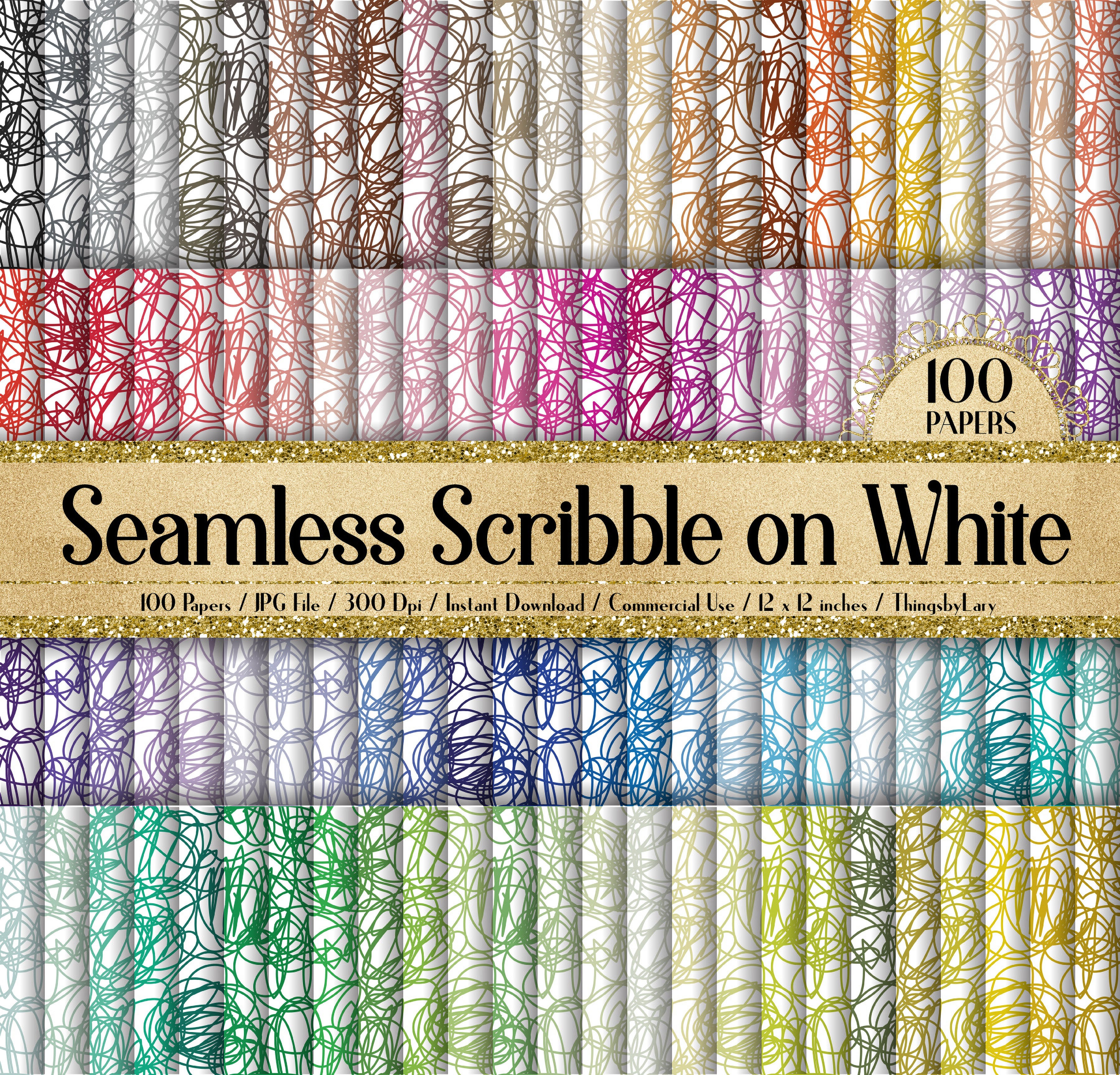 100 Seamless Scribble on White Digital Papers