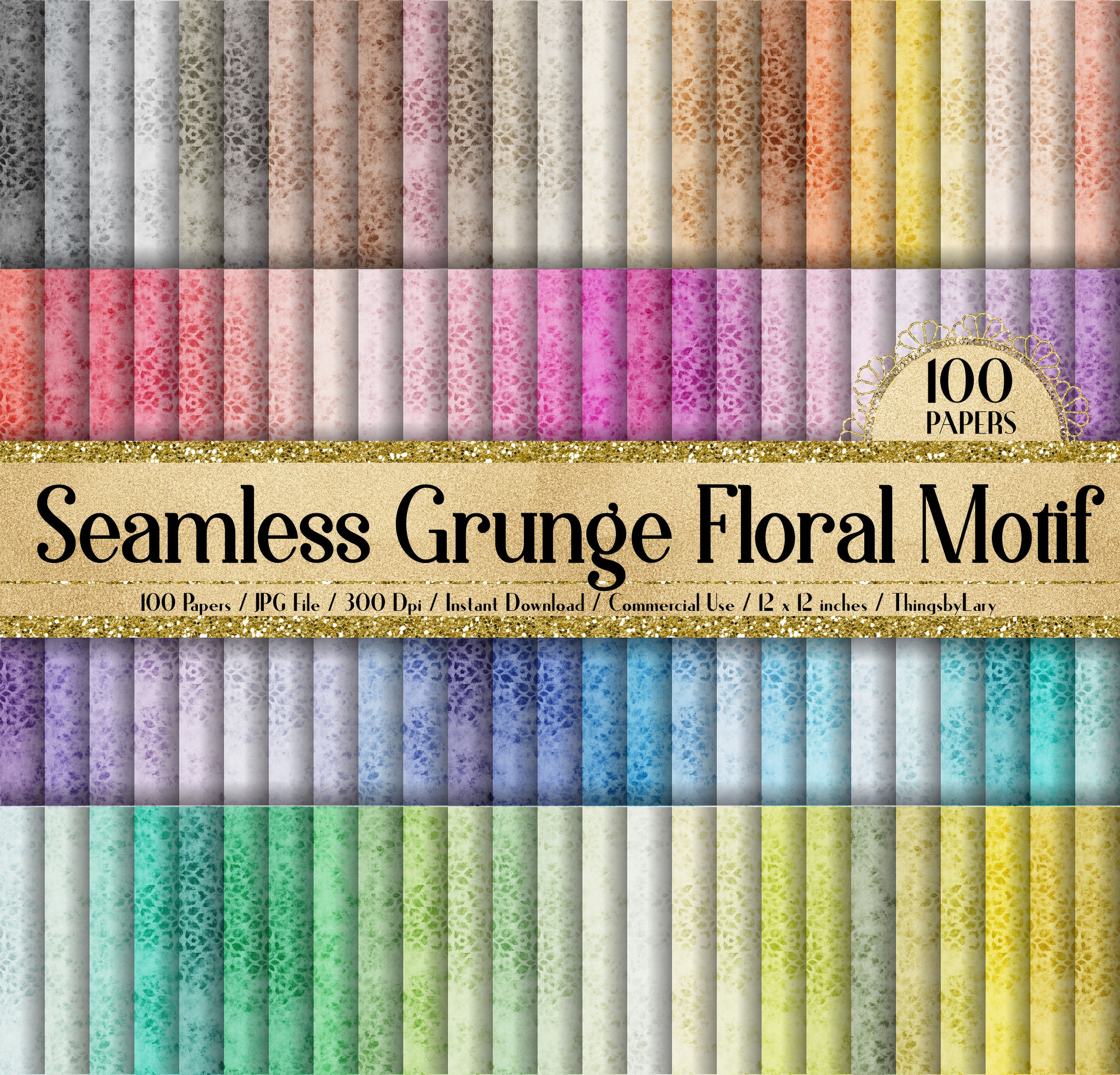 100 Seamless Vintage Grunge Floral Motif Digital Papers