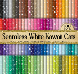 100 Seamless White Kawaii Cat Digital Papers