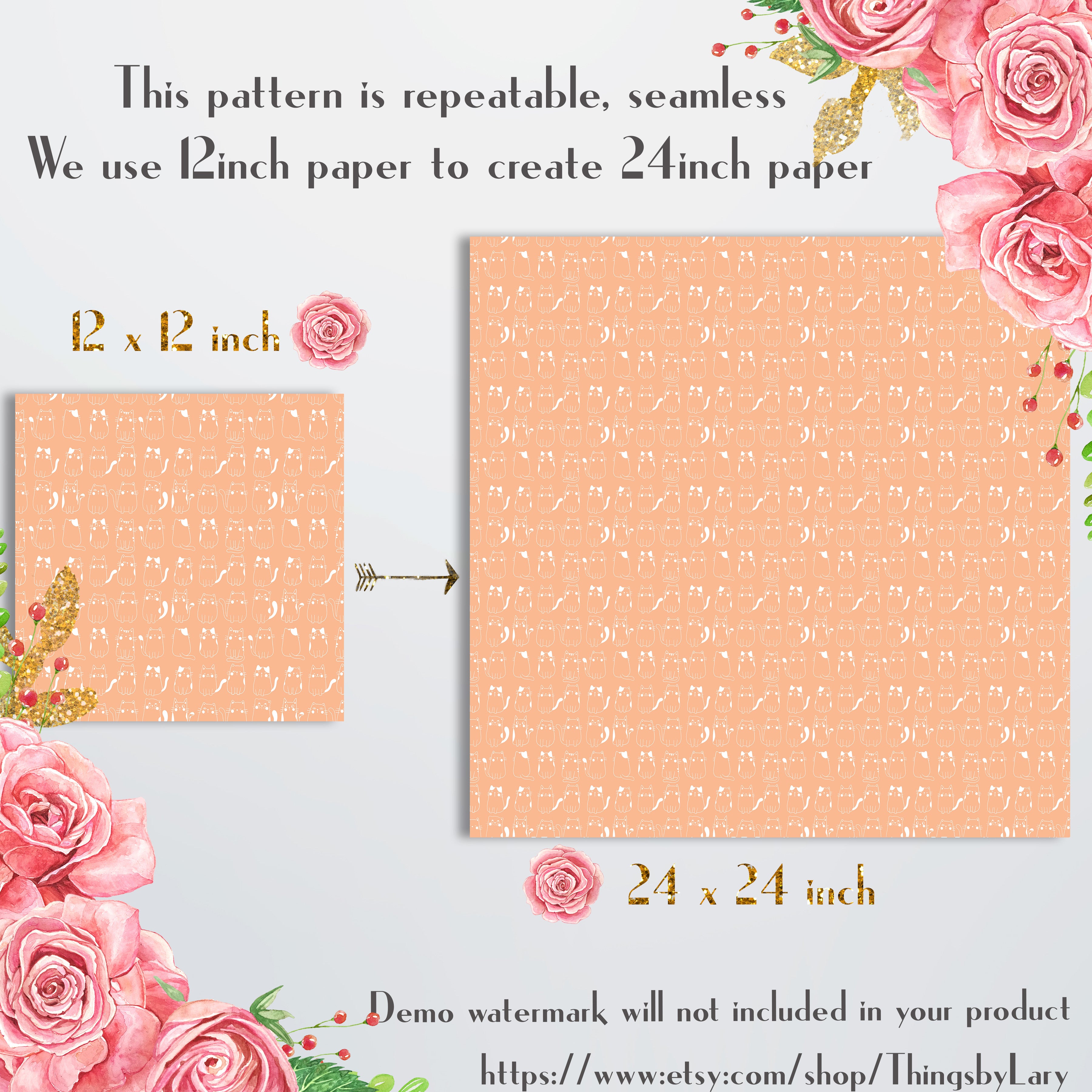 100 Seamless White Kawaii Cat Digital Papers