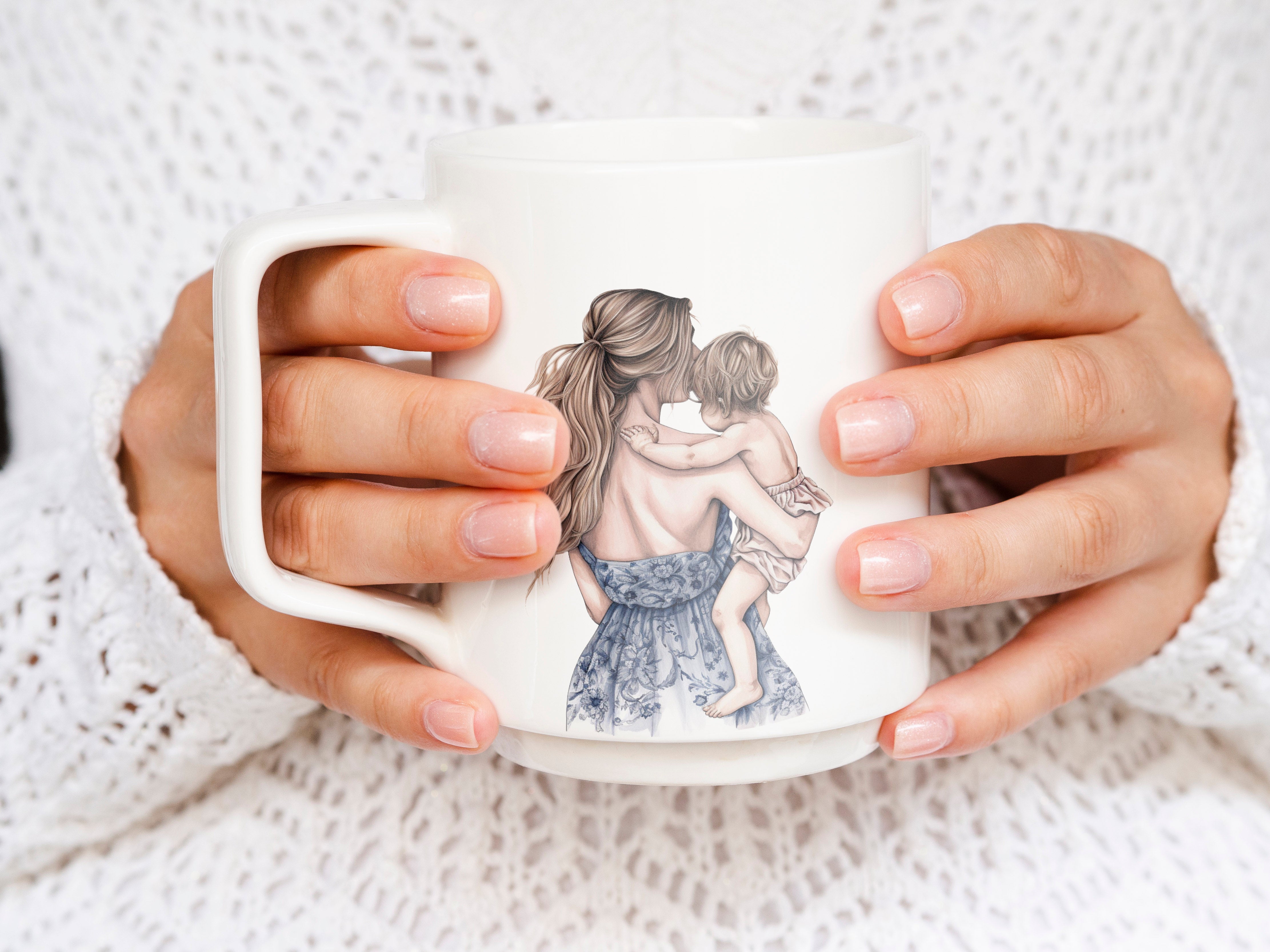 12 Watercolor Mom kissing baby From The Back View PNG Images