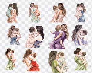 12 Watercolor Mom kissing baby From The Back View PNG Images