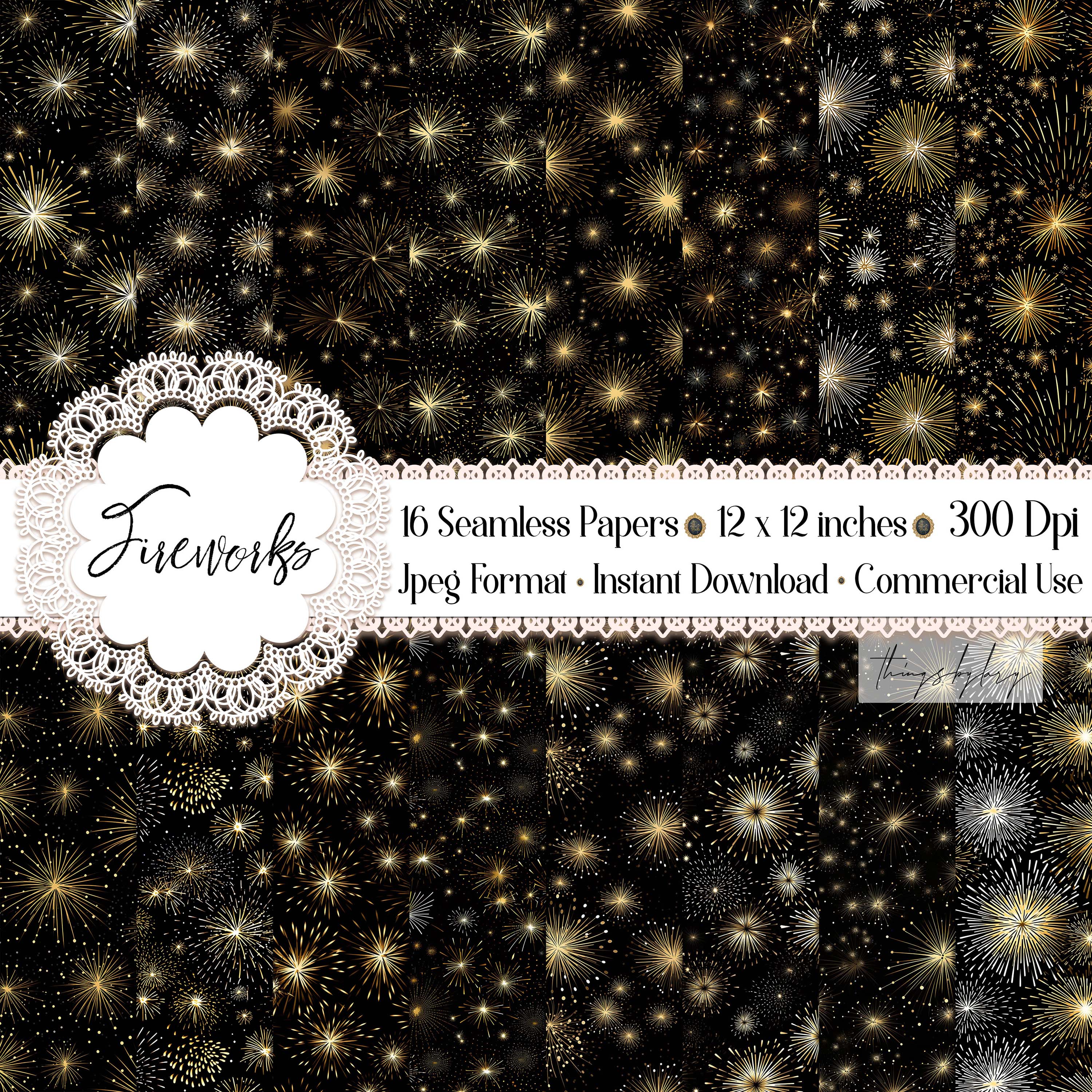 16 Seamless Black and Gold New Year Fireworks Digital Papers