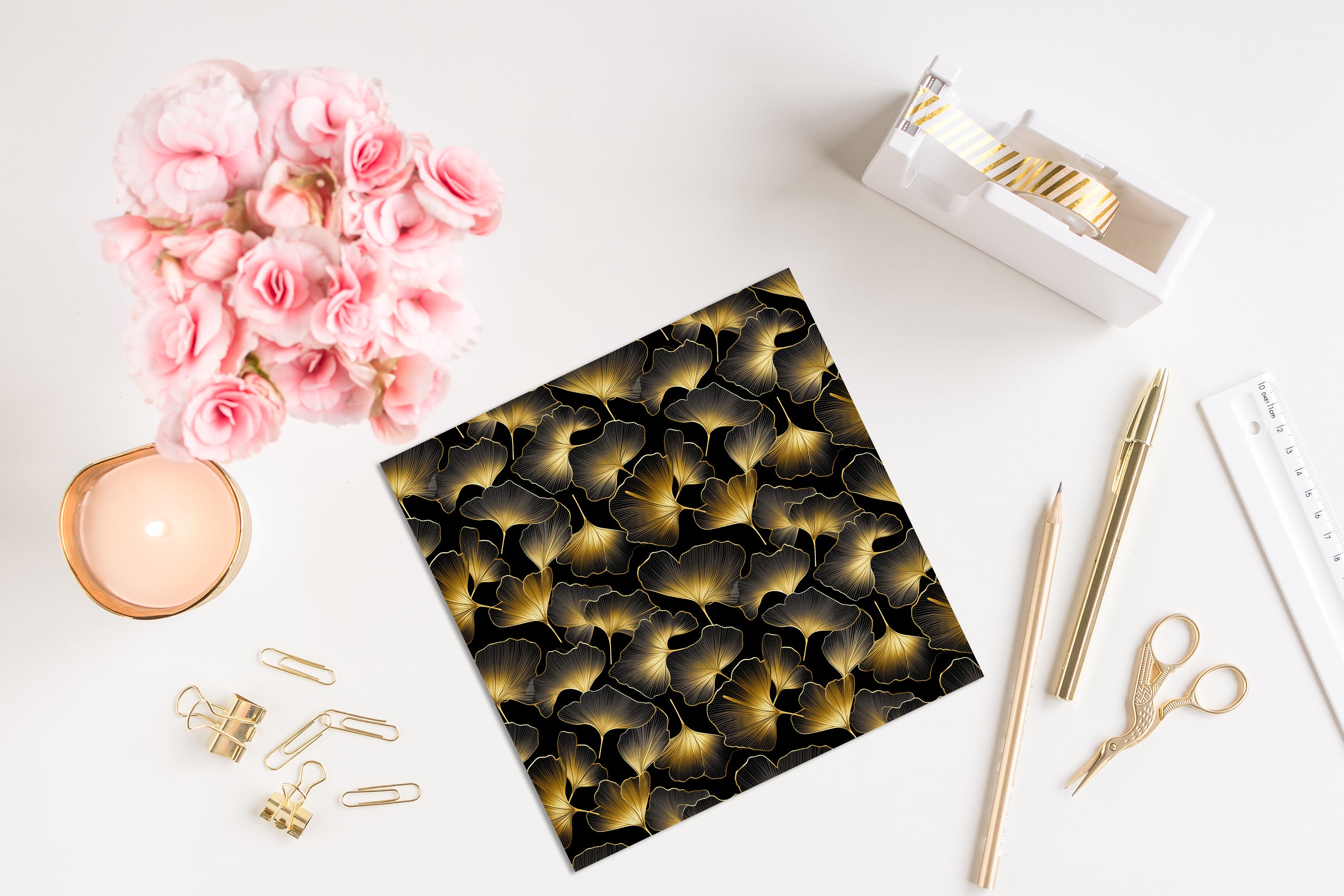 16 Seamless Black and Gold Ginkgo Leaves Digital Papers