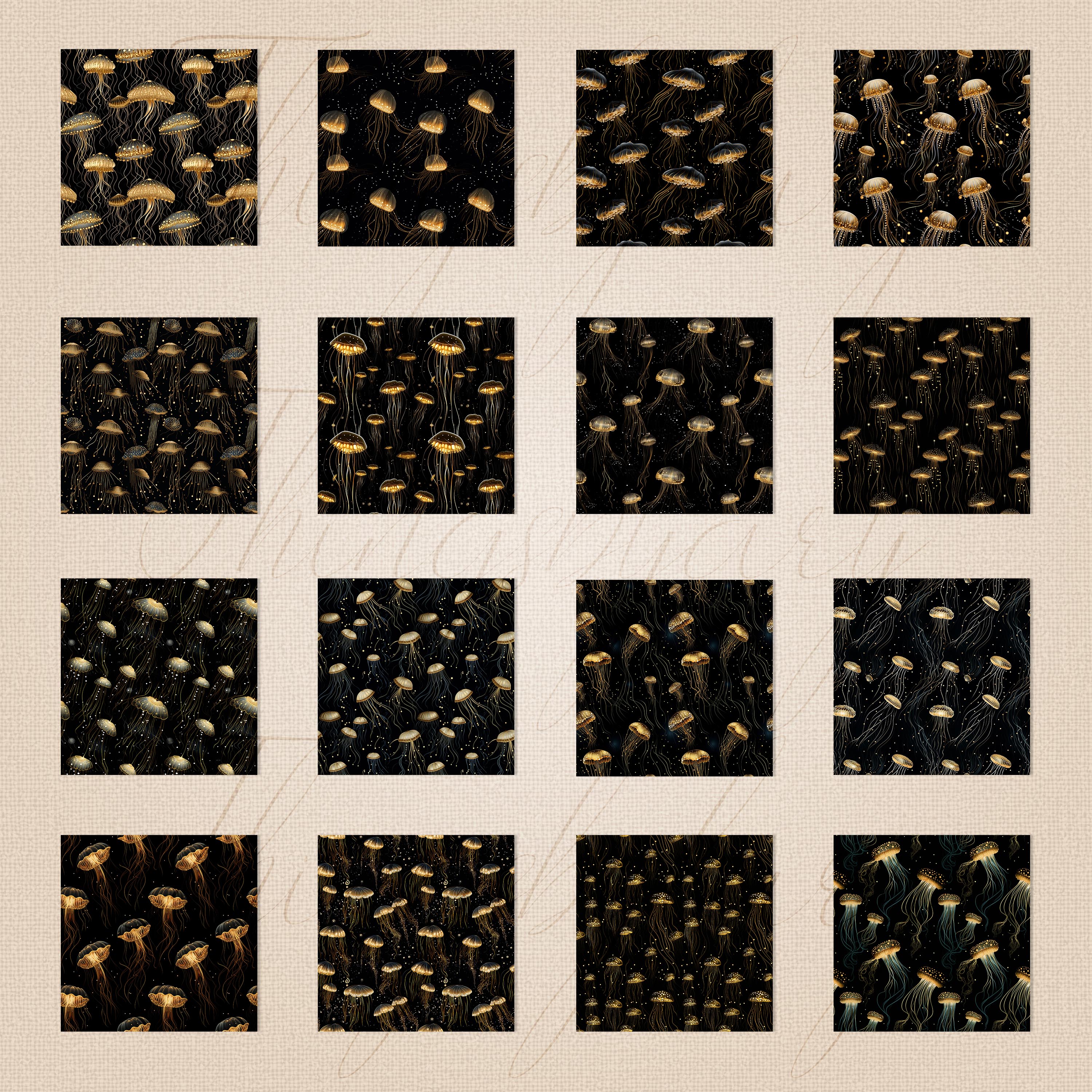 16 Seamless Black and Gold Magic Jellyfish Digital Papers