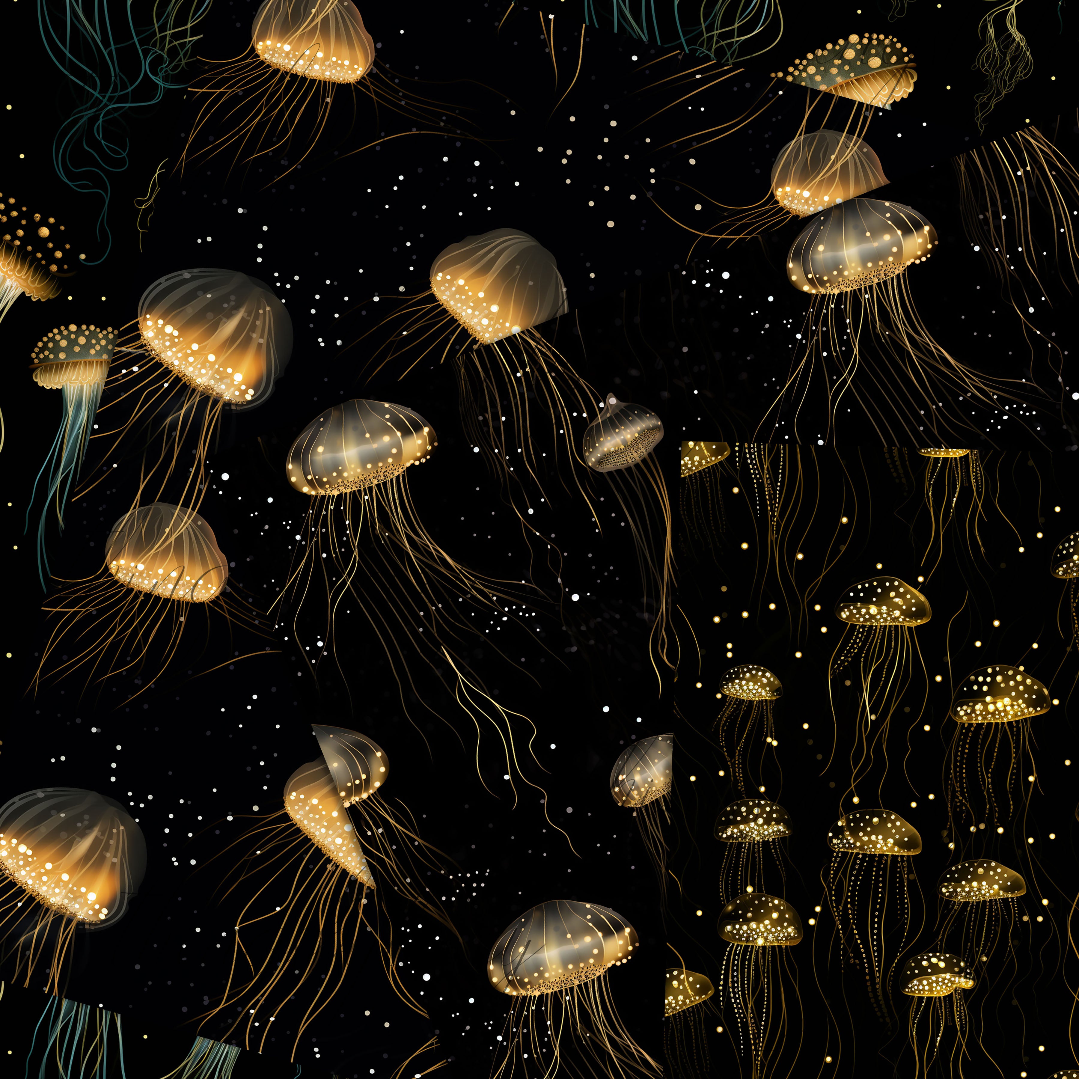 16 Seamless Black and Gold Magic Jellyfish Digital Papers