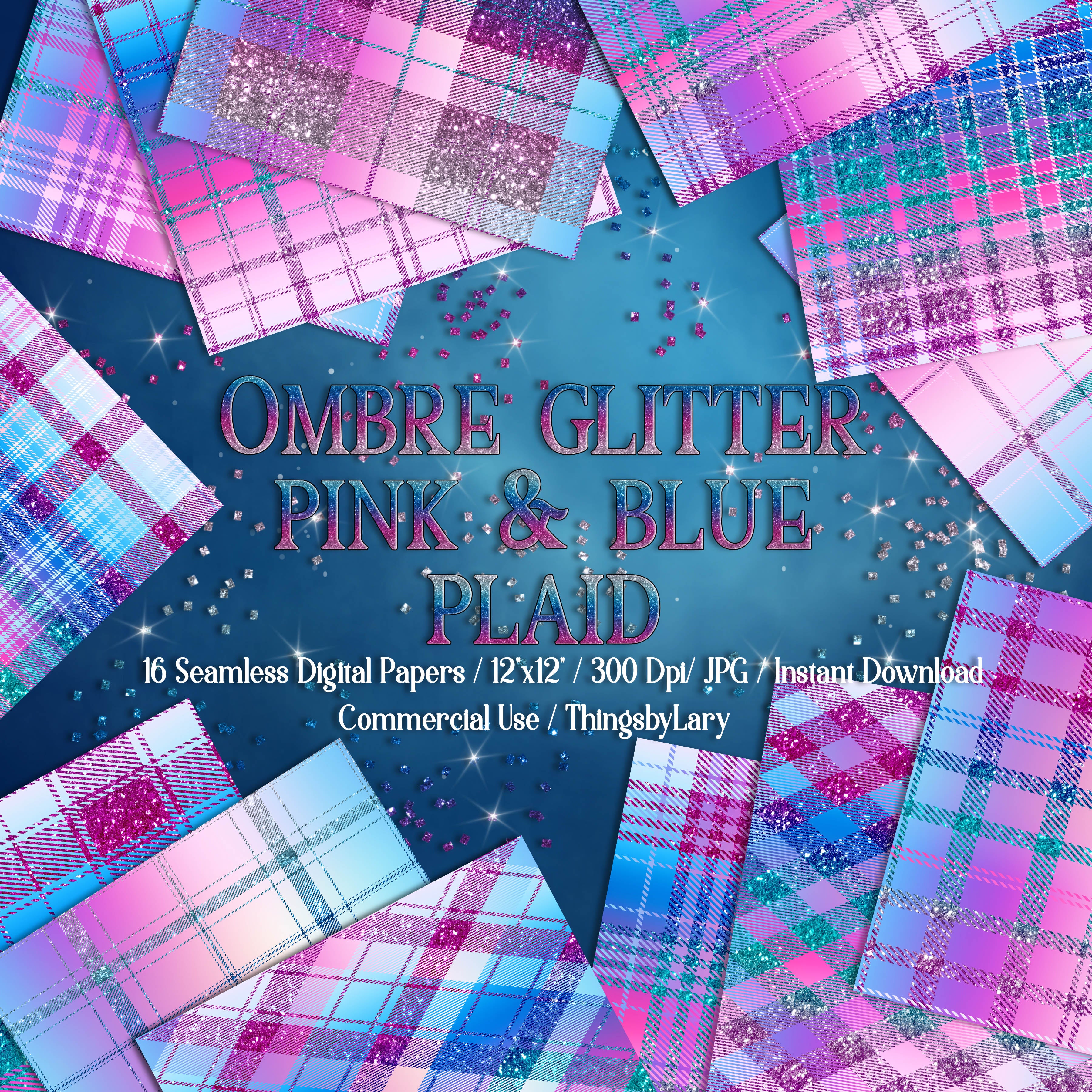 18 Seamless Ombre Blue Pink Purple Glitter Plaid Tartan Digital Papers