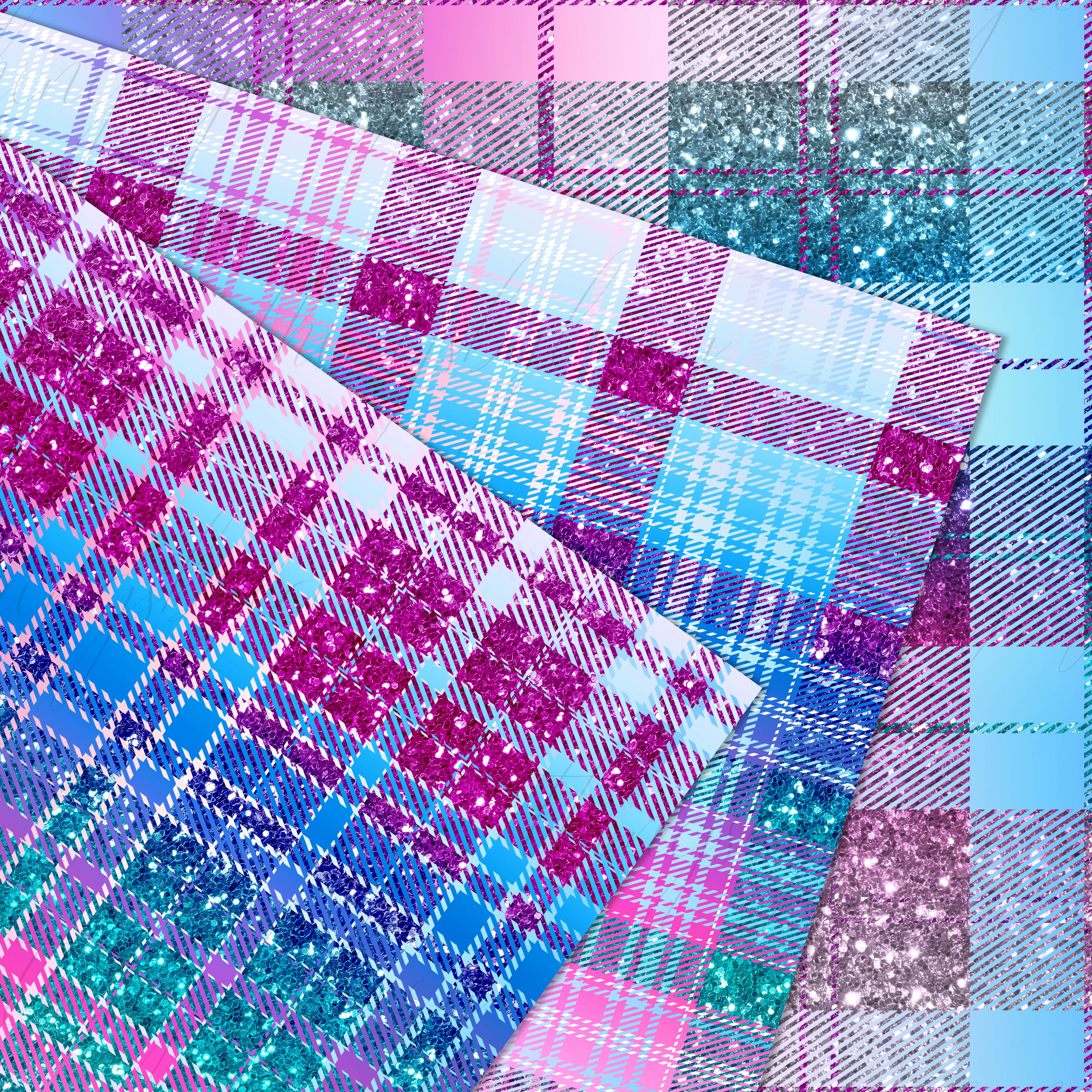 18 Seamless Ombre Blue Pink Purple Glitter Plaid Tartan Digital Papers