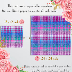 18 Seamless Ombre Blue Pink Purple Glitter Plaid Tartan Digital Papers