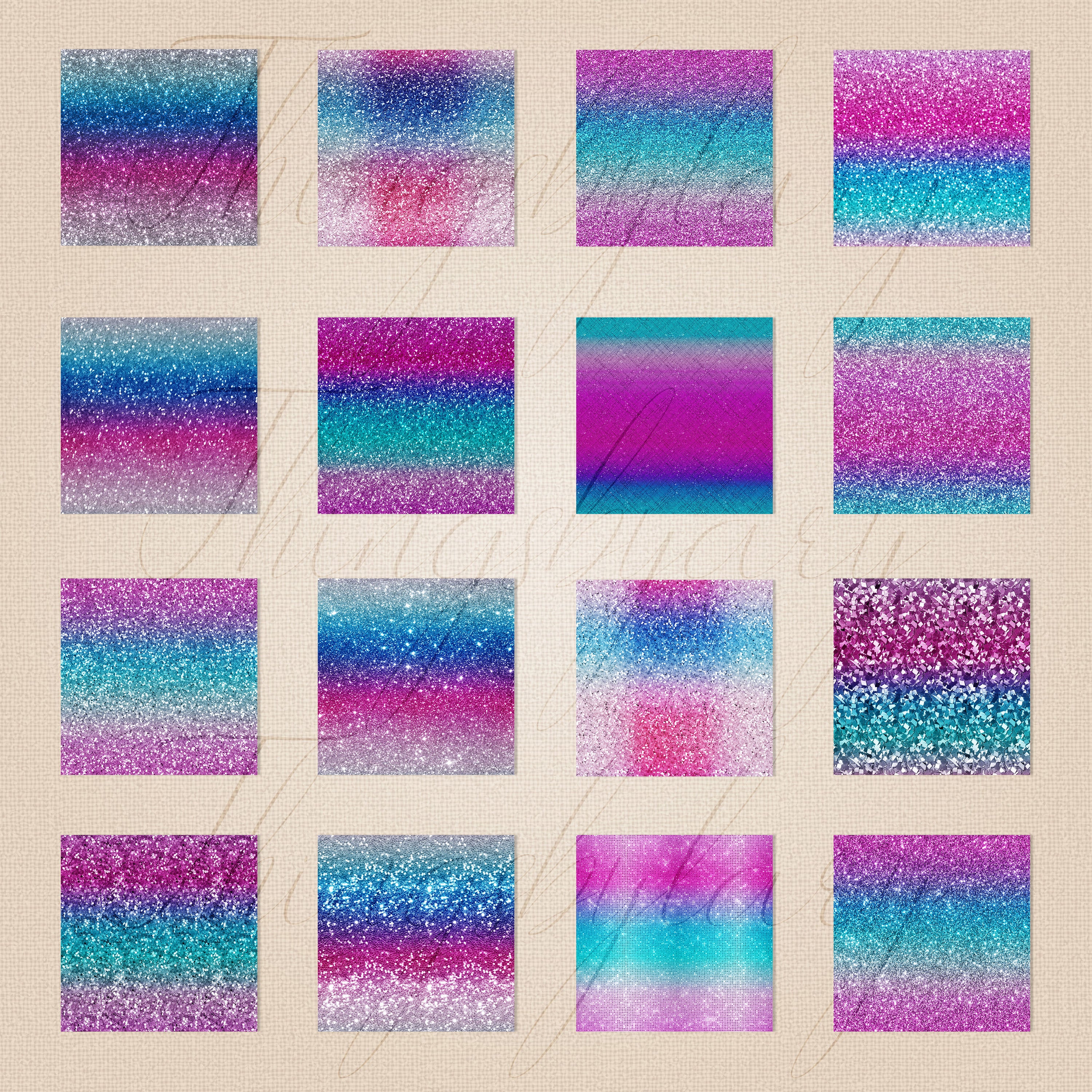 16 Seamless Ombre Blue Pink Purple Magical Unicorn Mermaid  Glitter Digital Papers