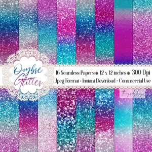 16 Seamless Ombre Blue Pink Purple Magical Unicorn Mermaid  Glitter Digital Papers