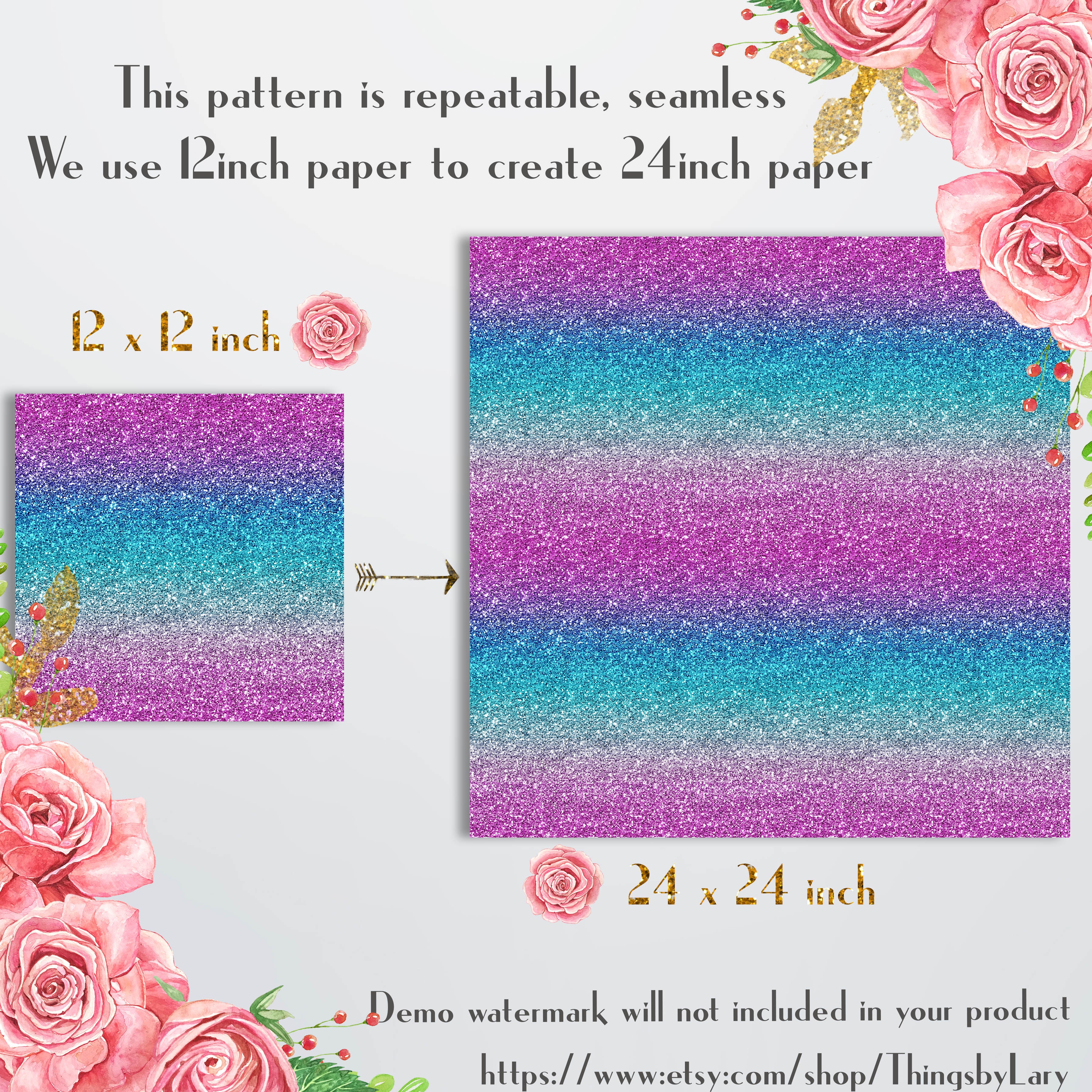 16 Seamless Ombre Blue Pink Purple Magical Unicorn Mermaid  Glitter Digital Papers