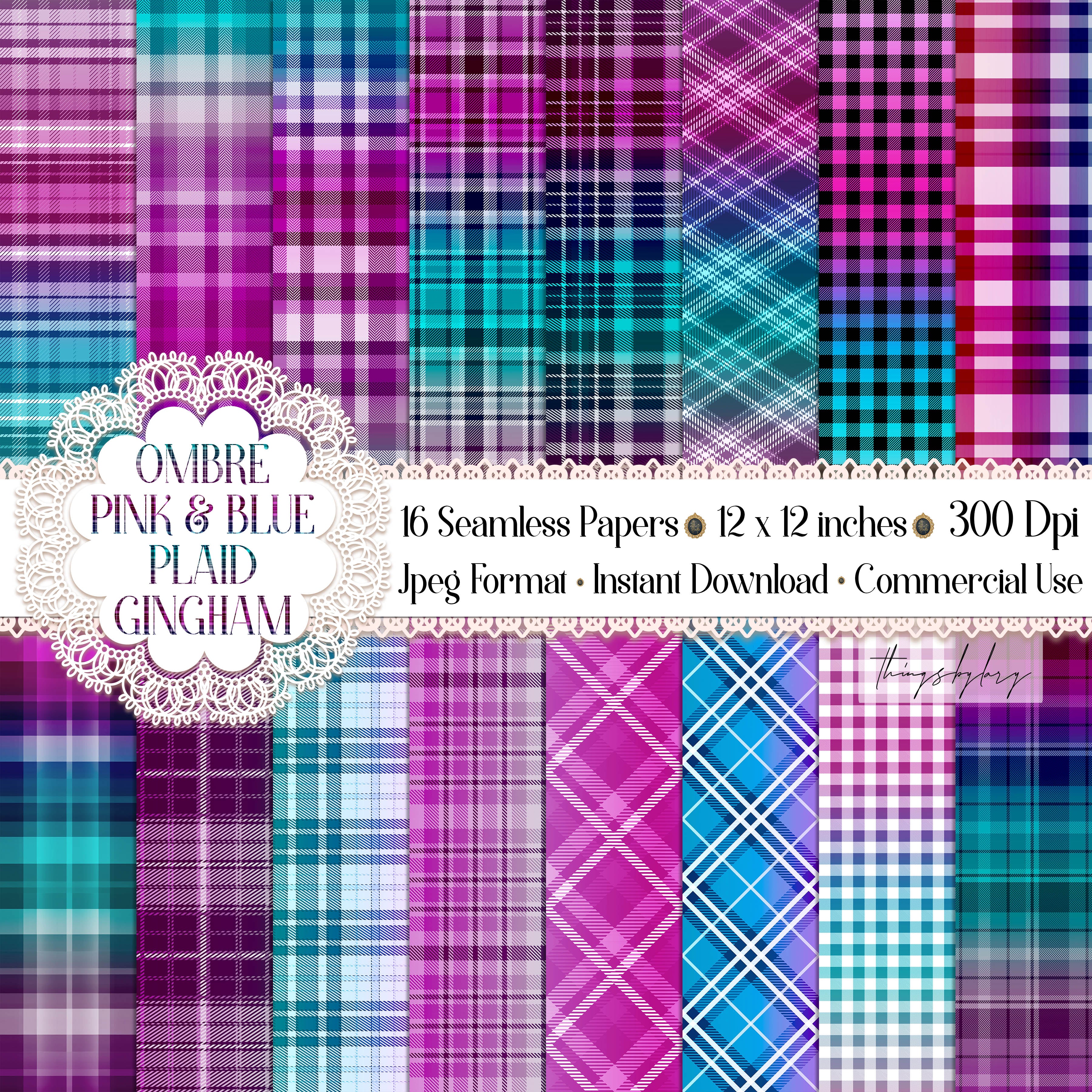 16 Seamless Ombre Pink Blue Plaid Tartan Gingham Digital Papers