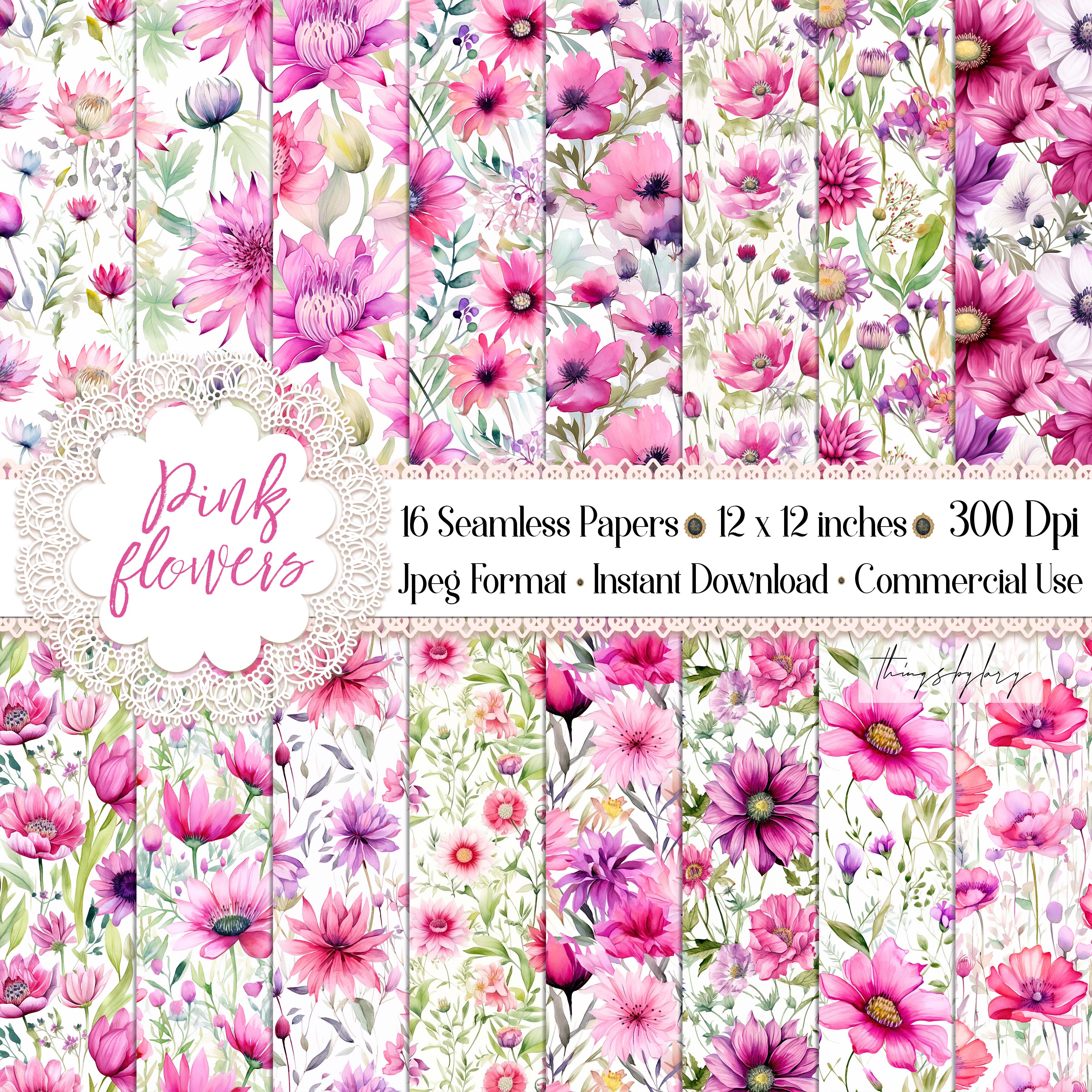 16 Seamless Pink Spring Summer Wildflower Digital Papers