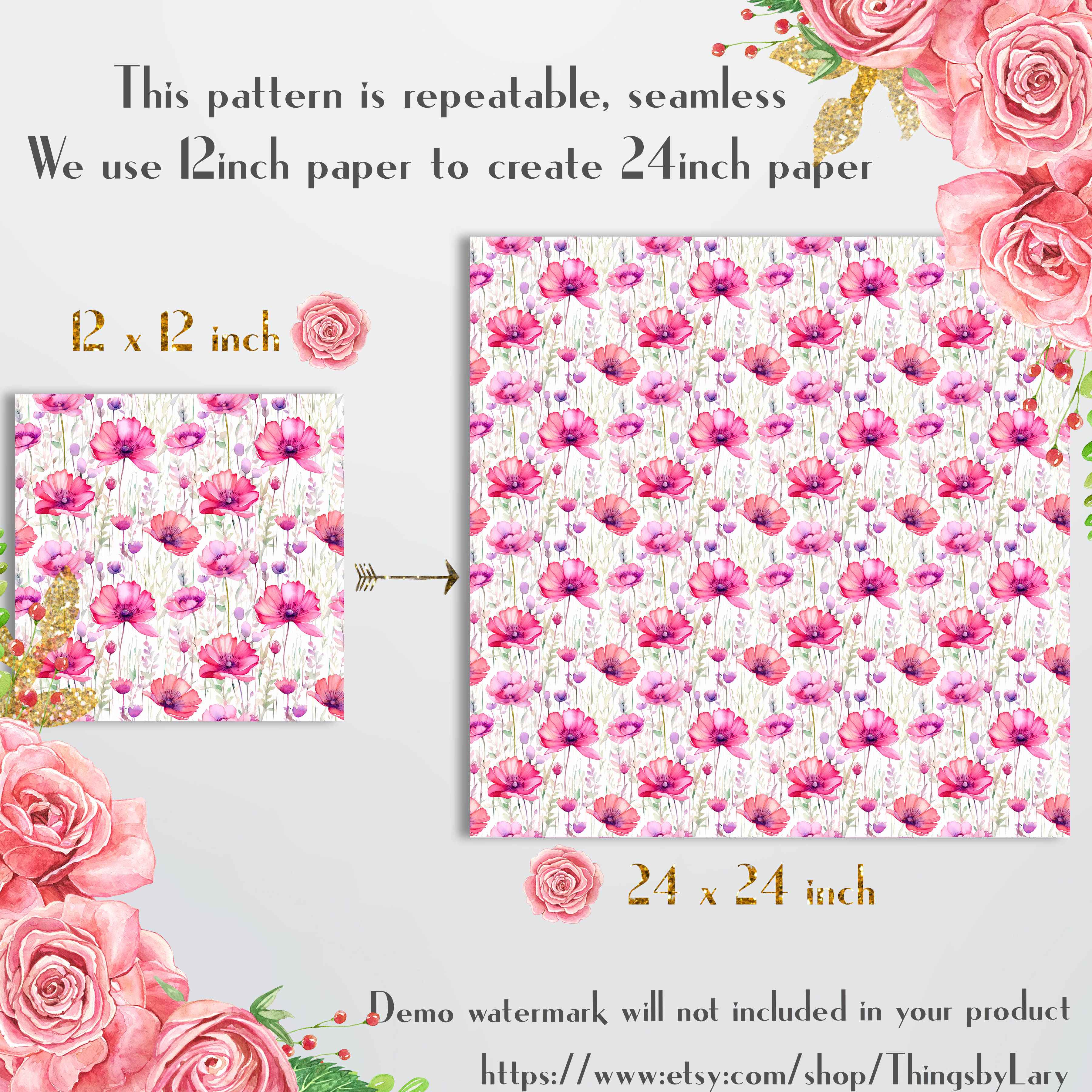 16 Seamless Pink Spring Summer Wildflower Digital Papers