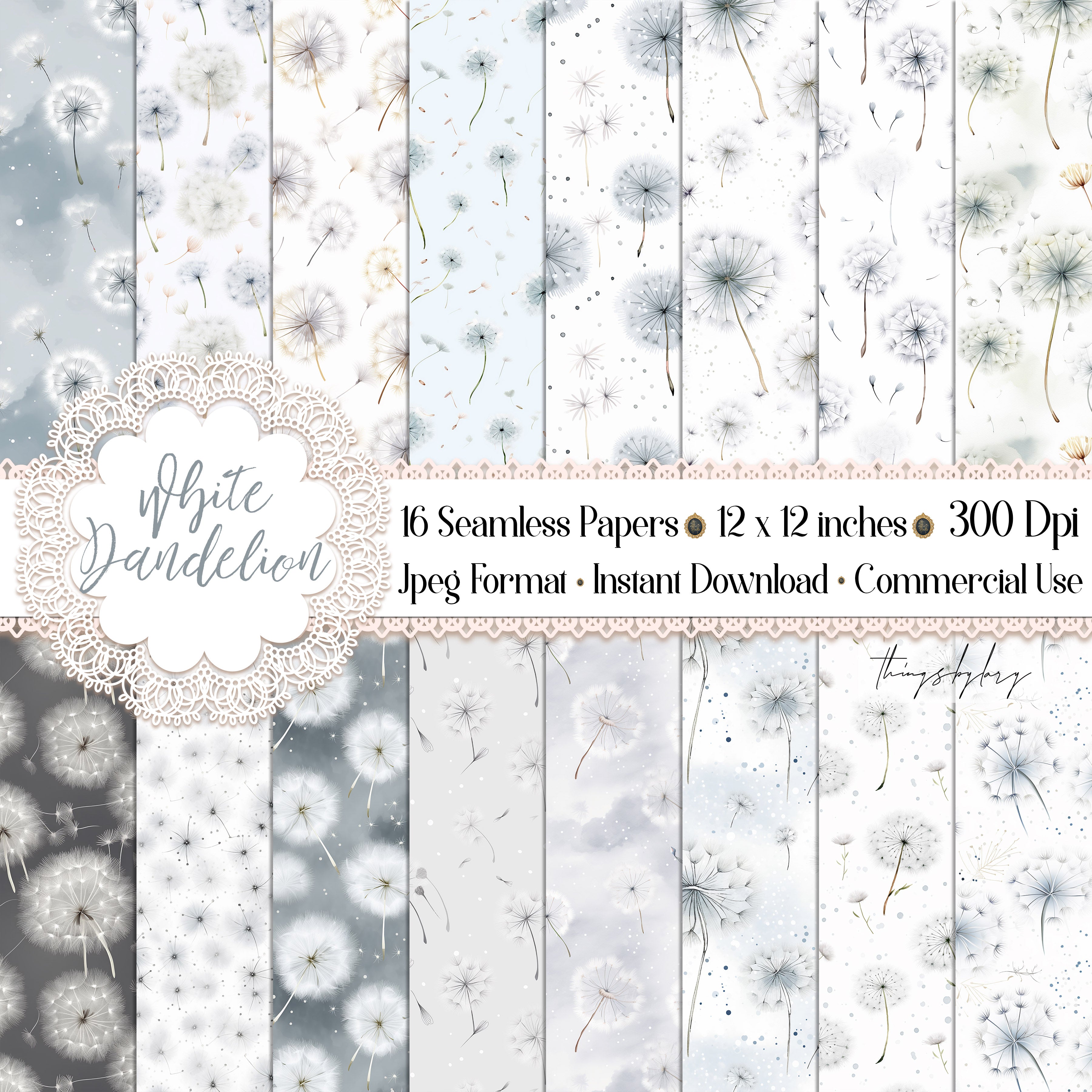 16 Seamless Watercolor Falling White Dandelion Digital Papers