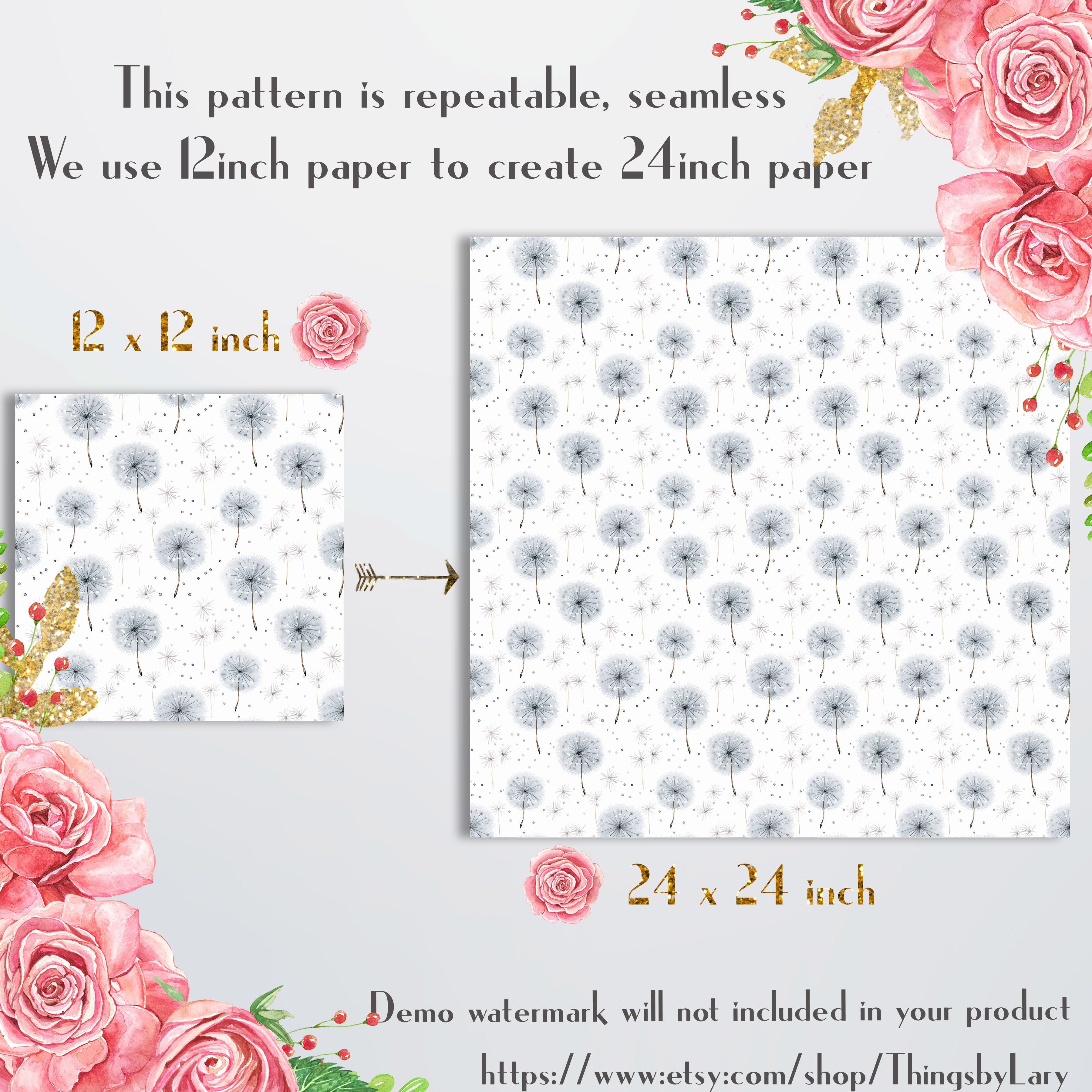 16 Seamless Watercolor Falling White Dandelion Digital Papers