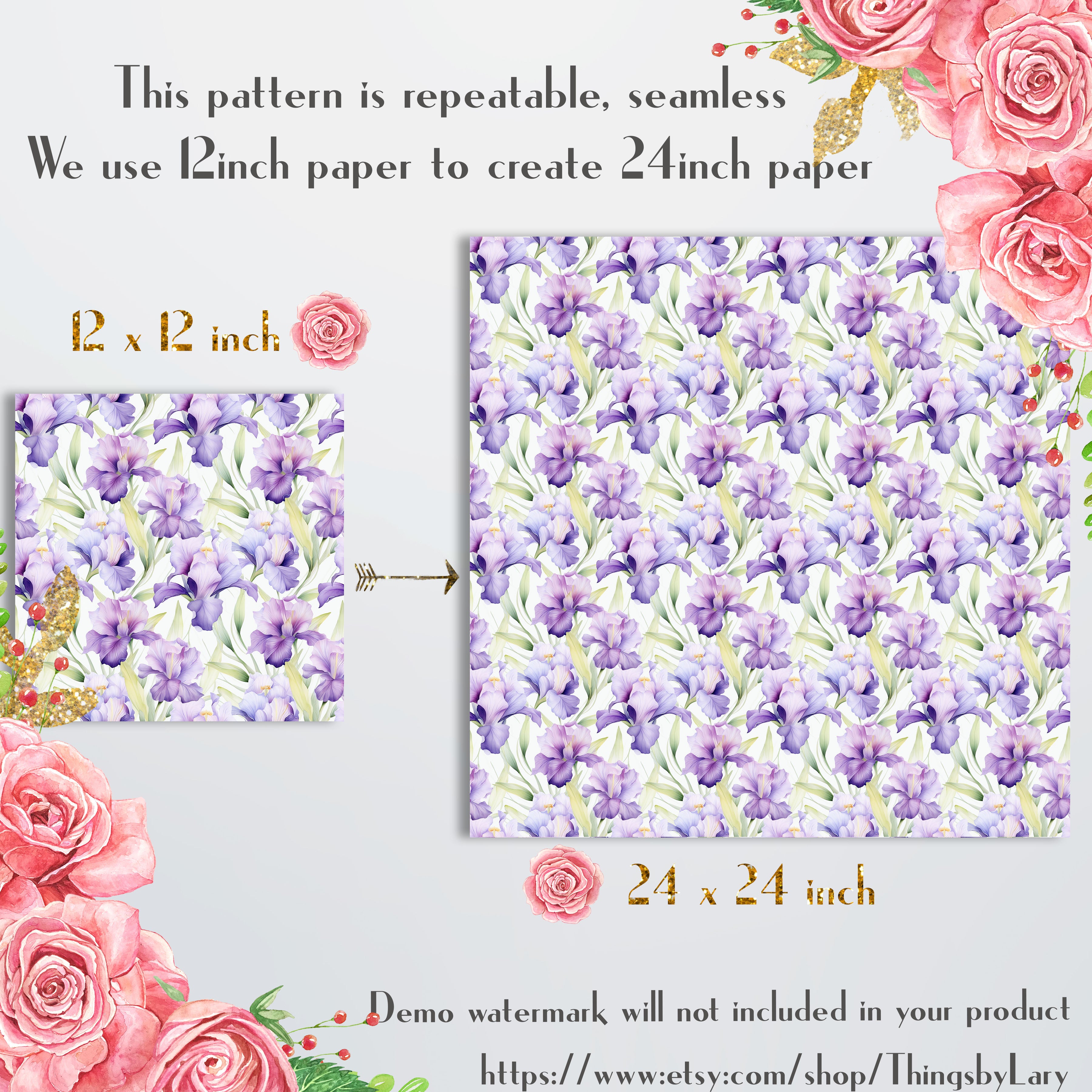 16 Seamless Watercolor Purple Iris Flowers Digital Papers