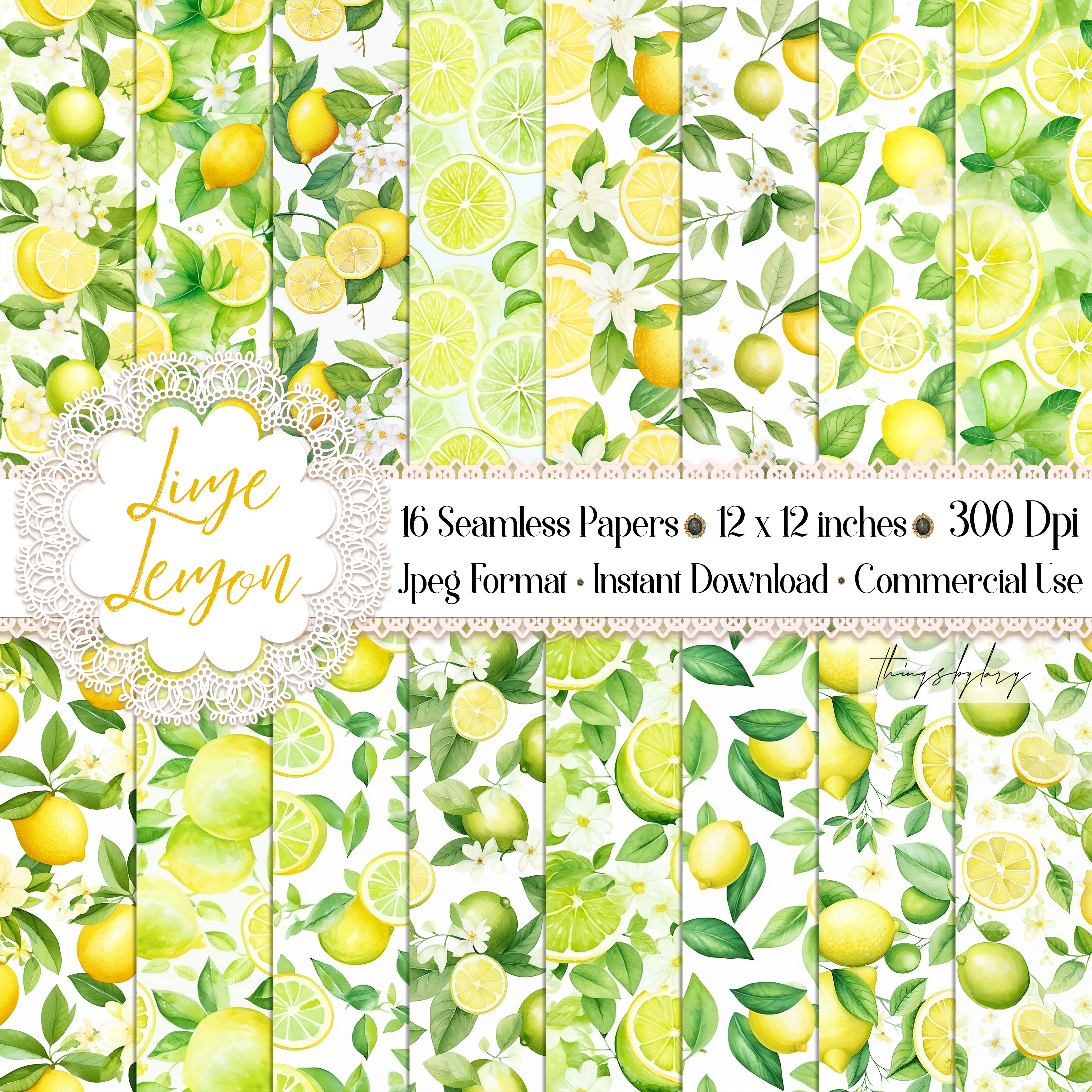 16 Seamless Watercolor Lime Lemon Citrus Digital Papers