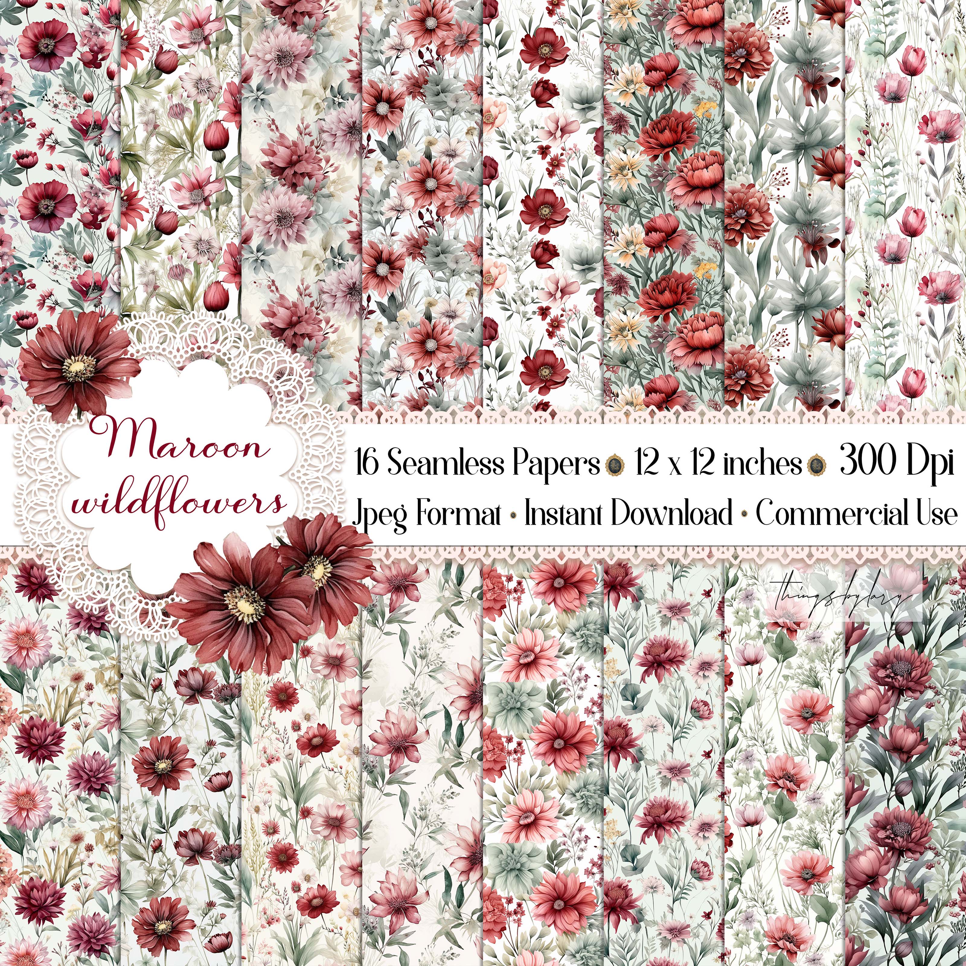 16 Seamless Watercolor Maroon Wildflowers Autumn Field Blooms Digital Papers