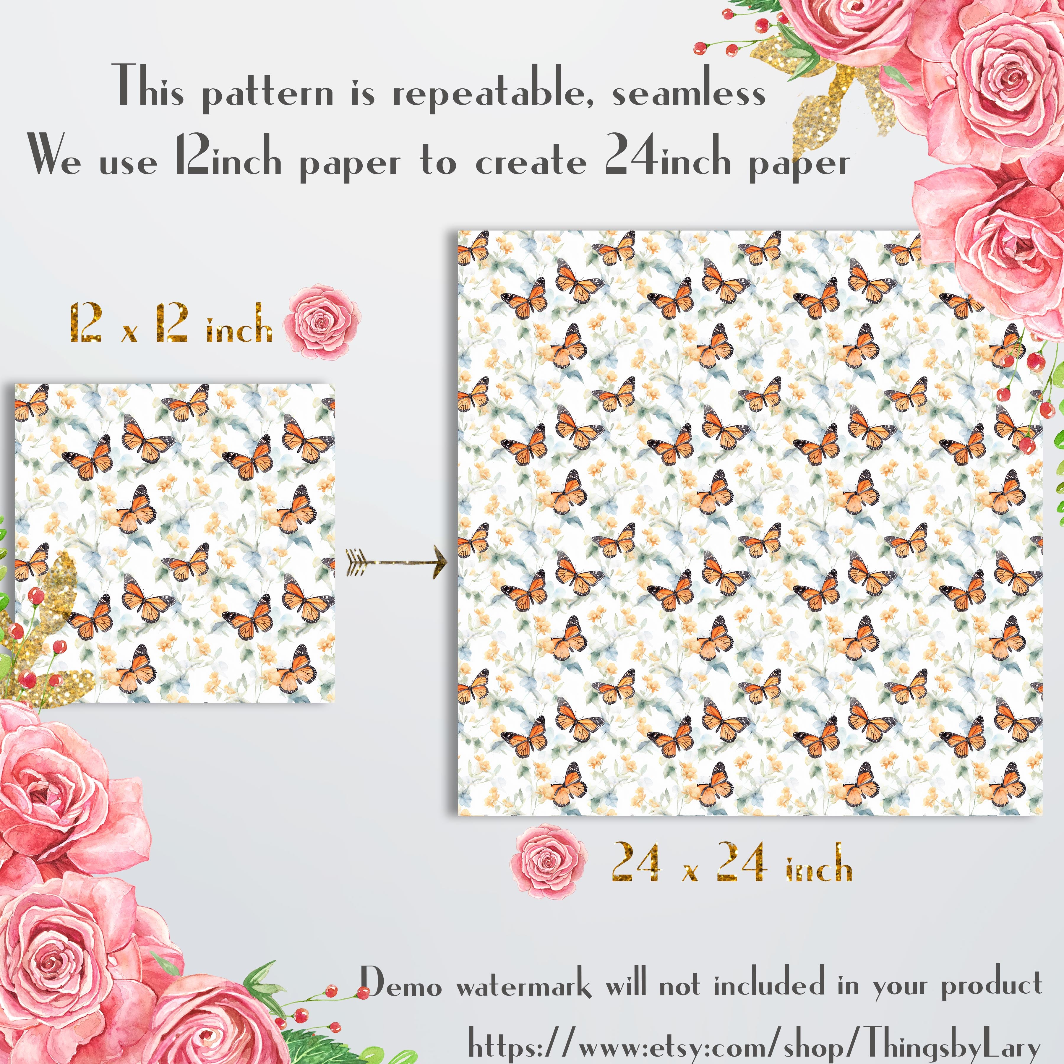 16 Seamless Watercolor Monarch Butterfly Digital Papers