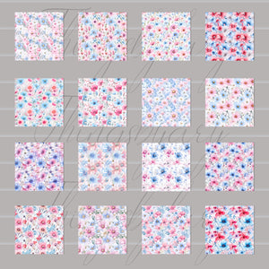 16 Seamless Watercolor Pink and Baby Blue Flowers Digital Papers