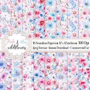 16 Seamless Watercolor Pink and Baby Blue Flowers Digital Papers