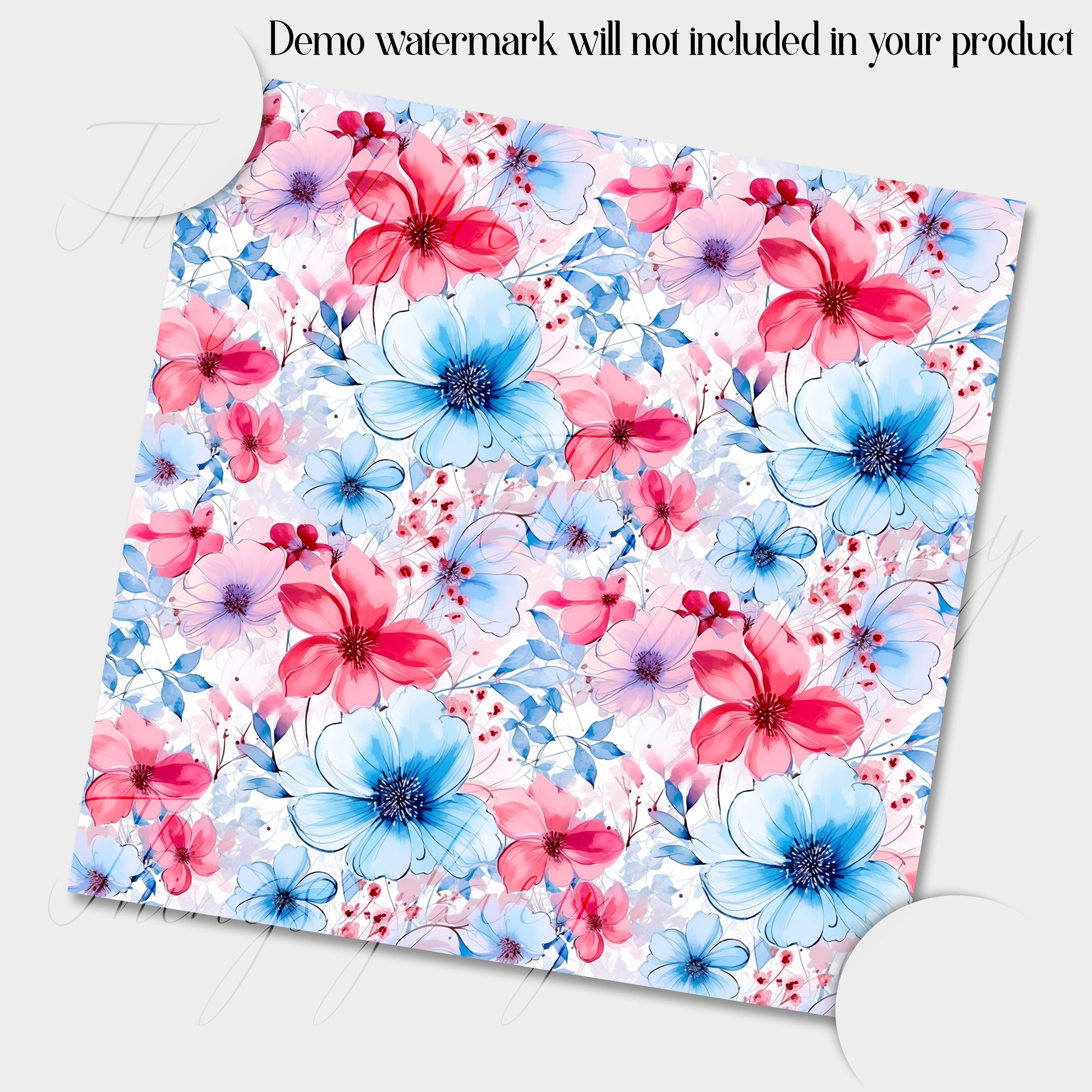 16 Seamless Watercolor Pink and Baby Blue Flowers Digital Papers