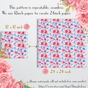 16 Seamless Watercolor Pink and Baby Blue Flowers Digital Papers