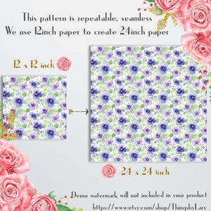 16 Seamless Watercolor Romantic Lilac Flowers Digital Papers