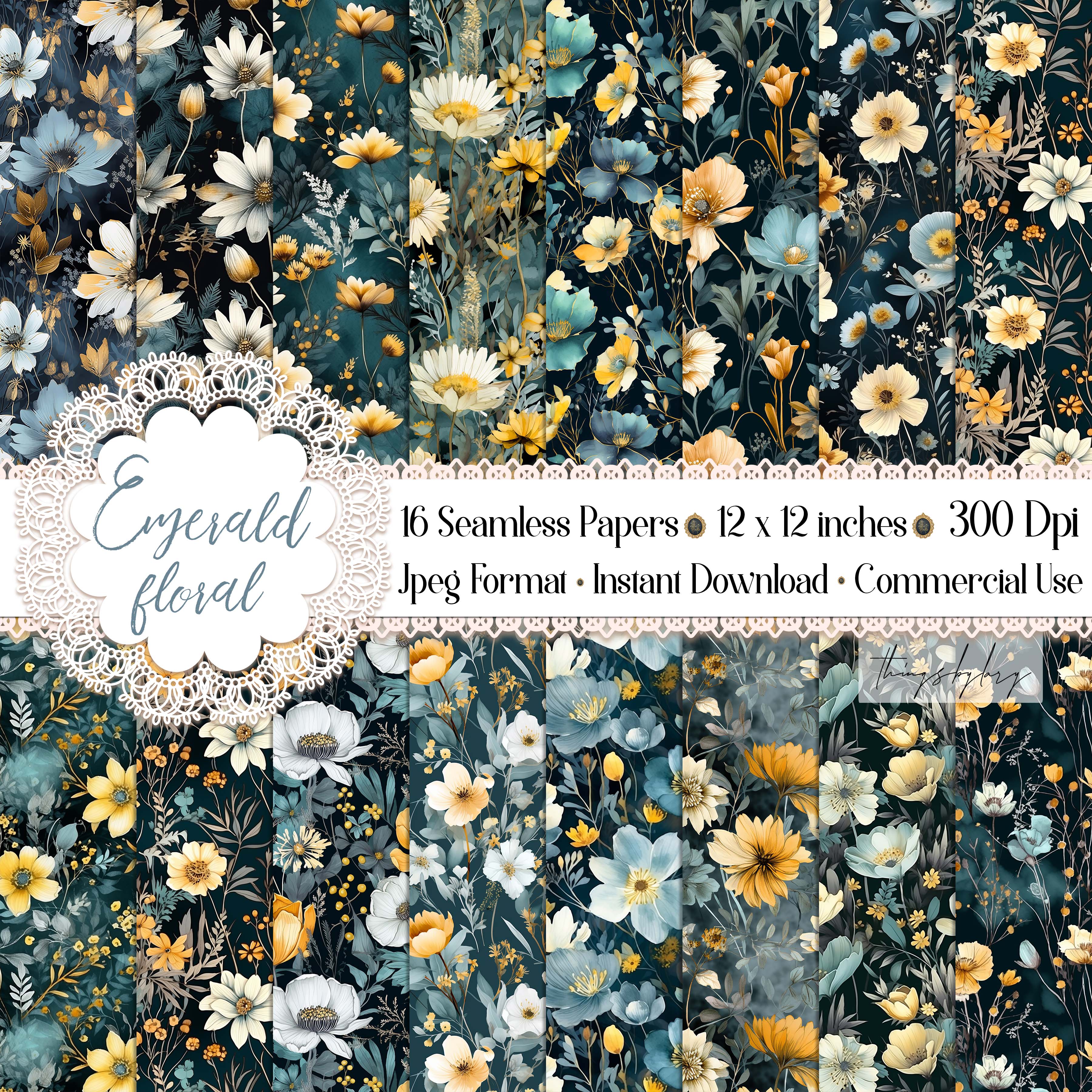 16 Seamless Watercolor Vintage Emerald Floral Digital Papers