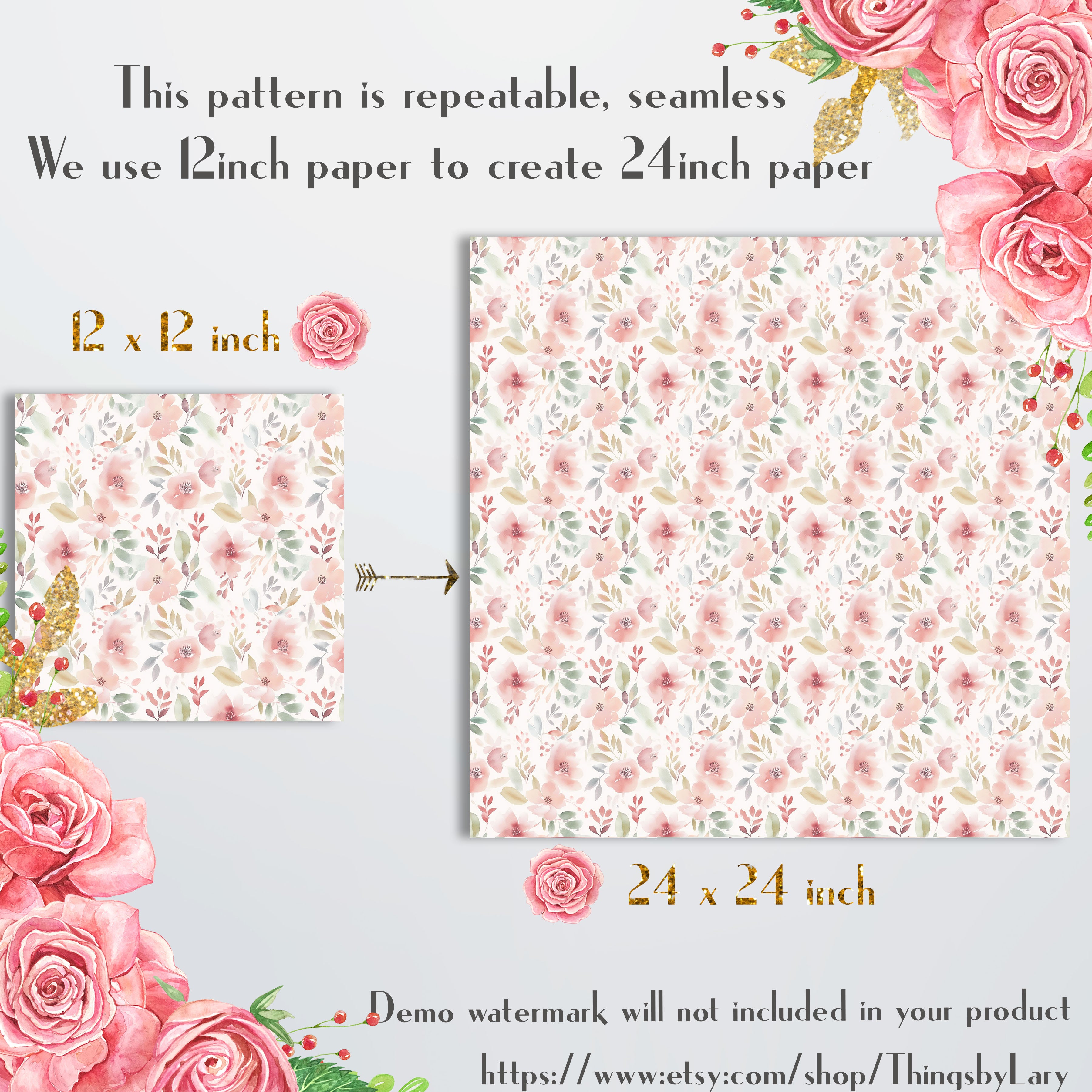 16 Seamless Wedding Ceremony Pink Flowers Digital Papers