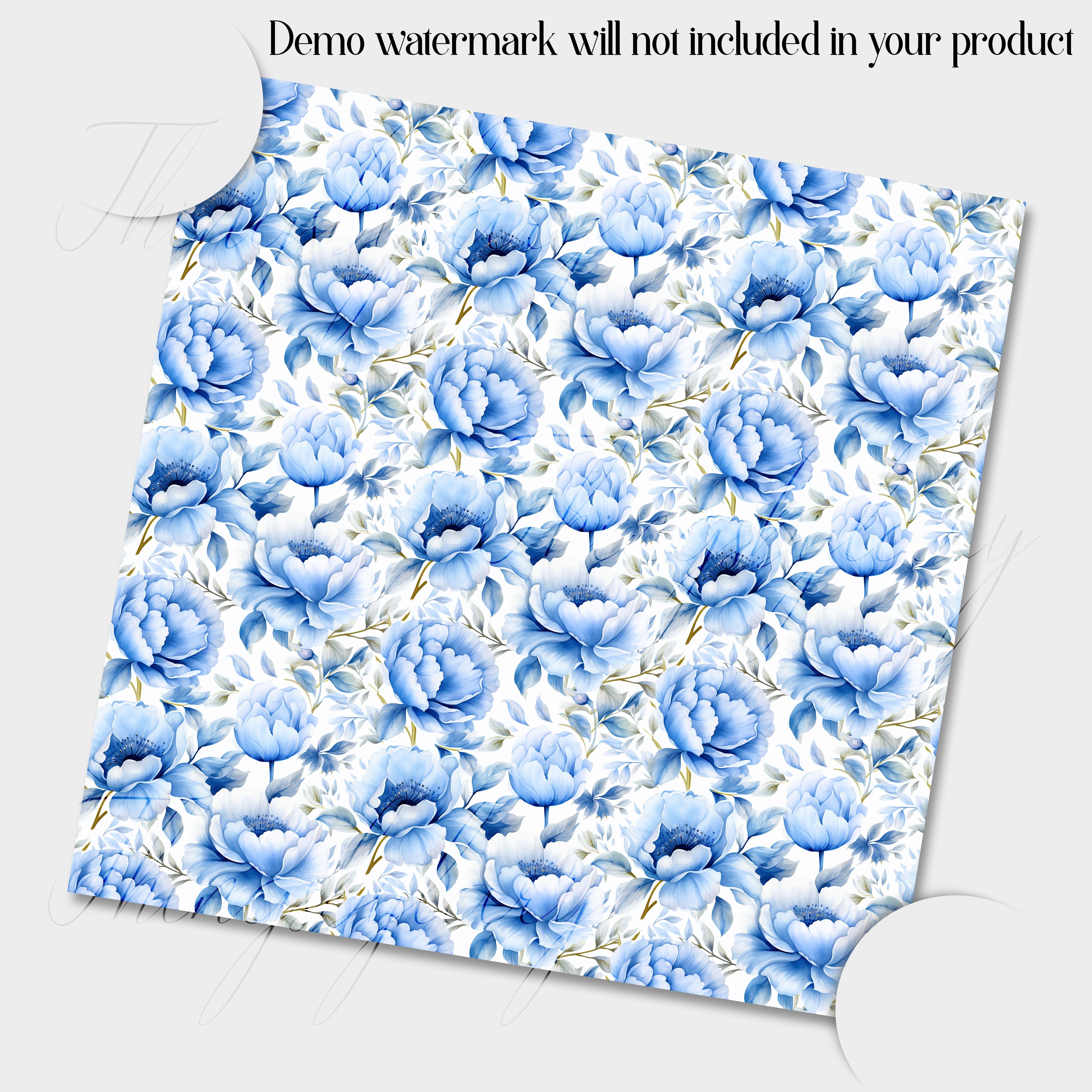 16 Seamless White and Blue Peony Flowers Digital Papers