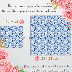 16 Seamless White and Blue Peony Flowers Digital Papers