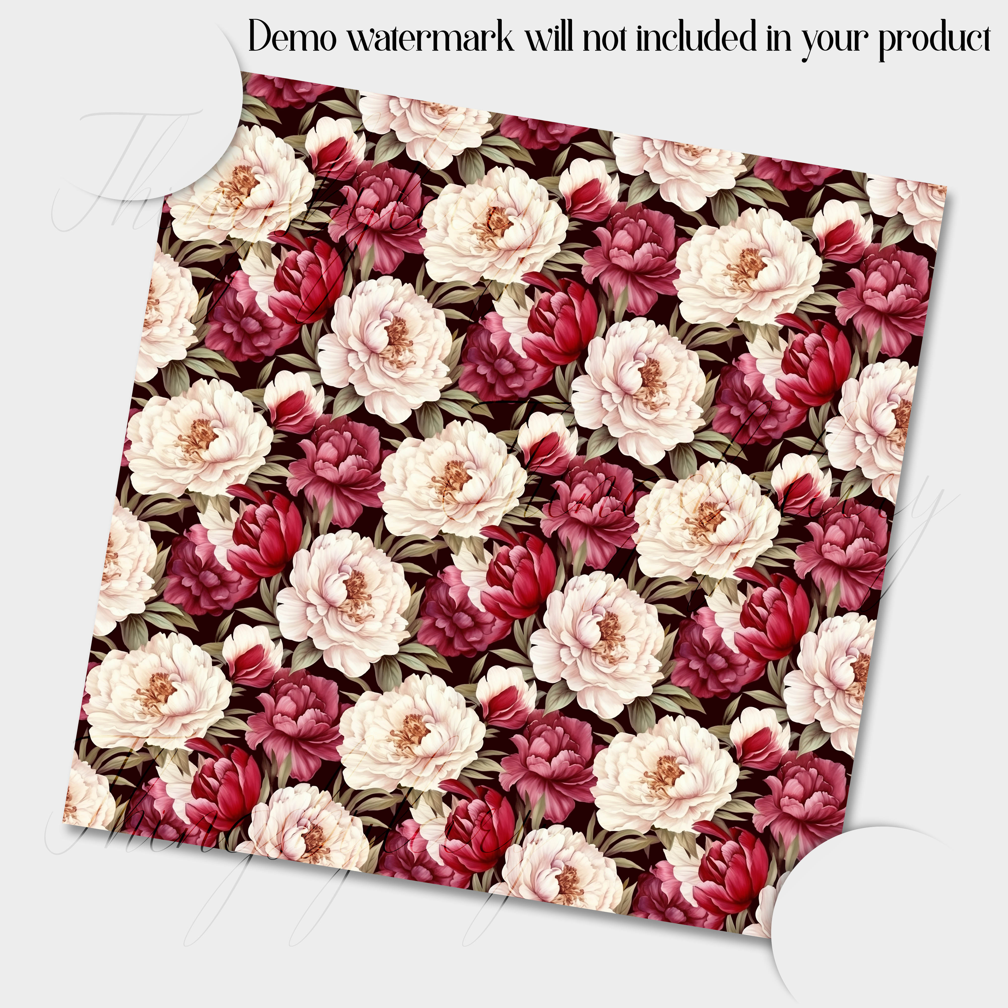 16 Seamless White and Burgundy Peony Flower Digital Papers