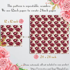 16 Seamless White and Burgundy Peony Flower Digital Papers