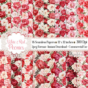 16 Seamless White and Red Peony Flowers Digital Papers