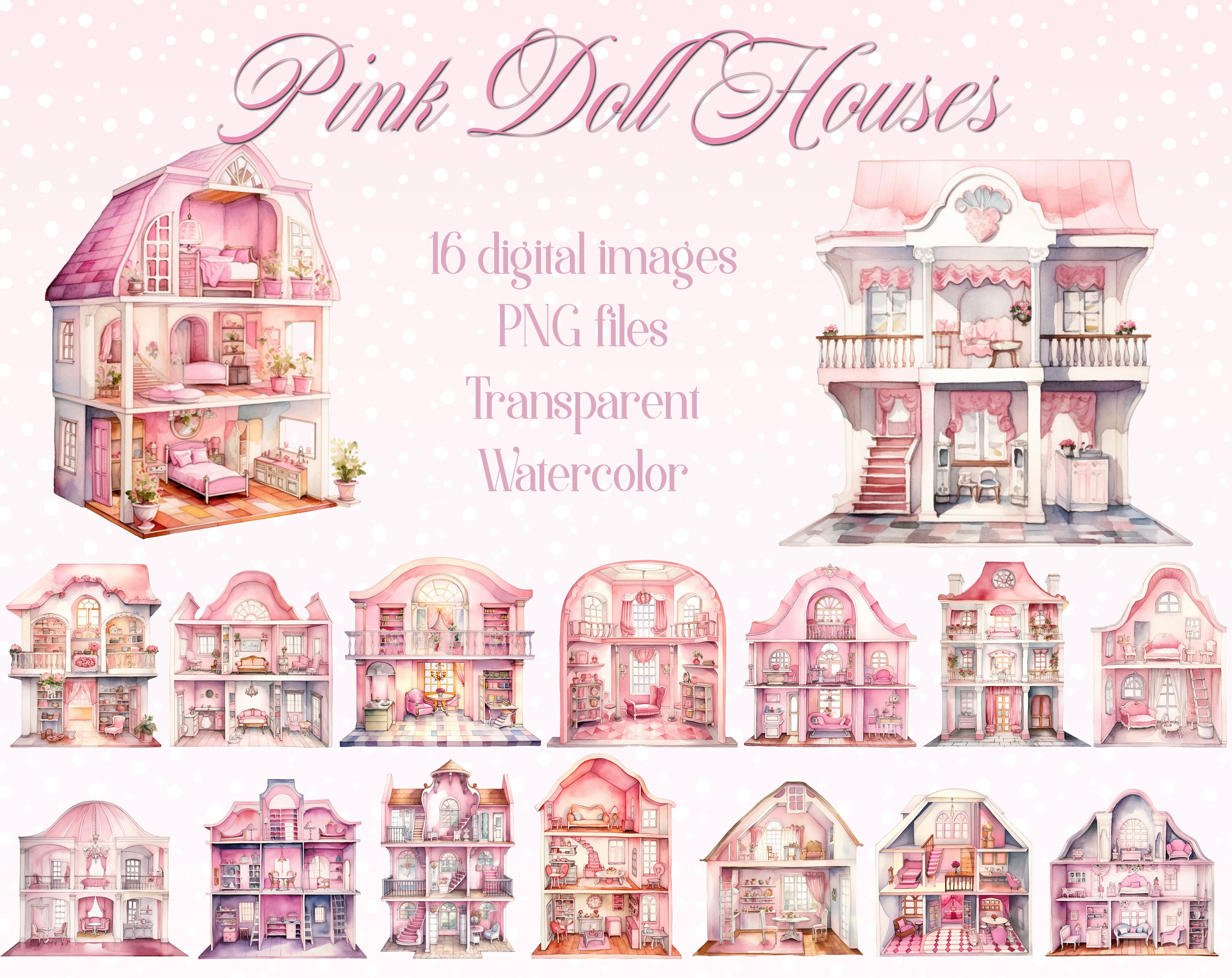 16 Watercolor Pink Doll Houses Furniture Collectible PNG