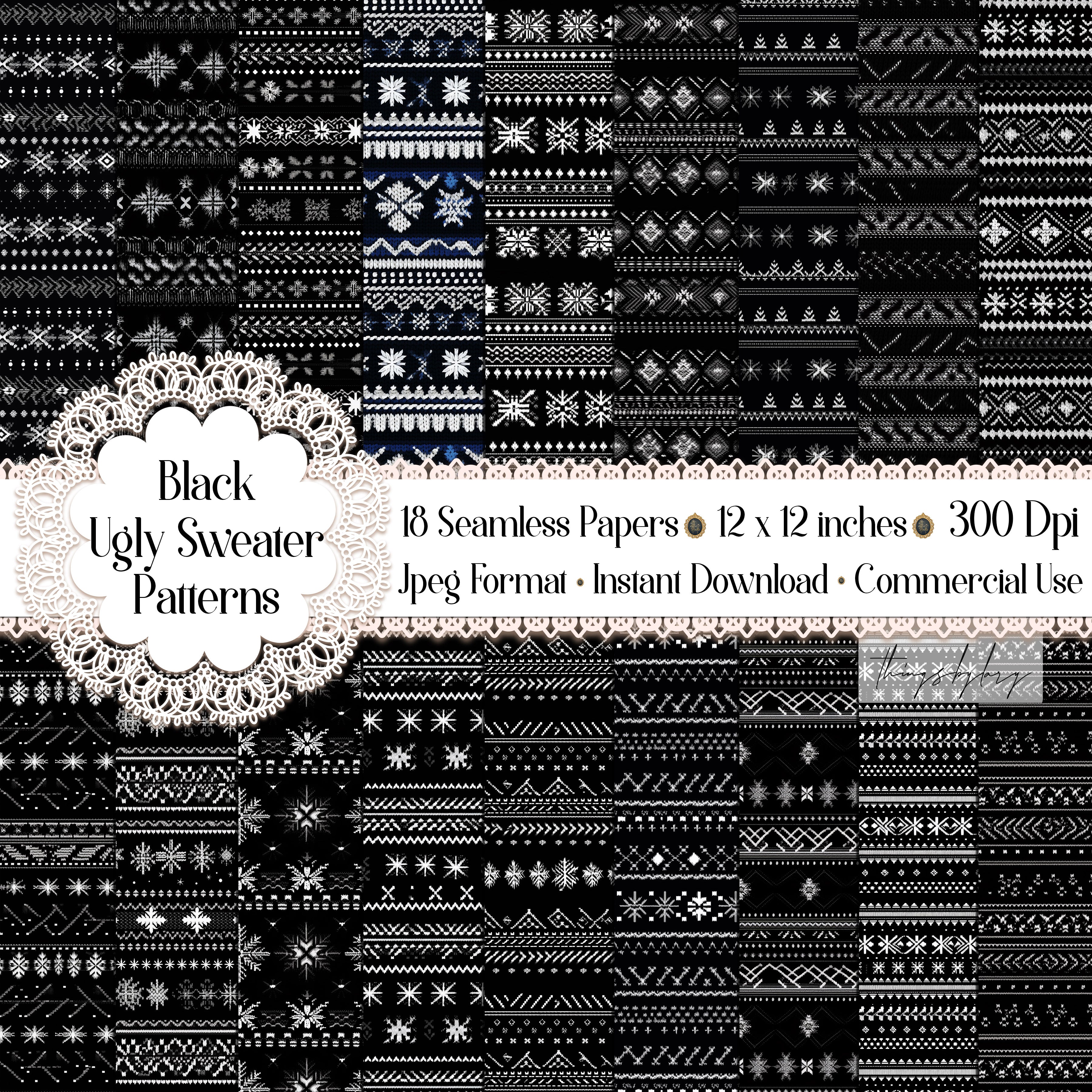 18 Seamless Realistic Black Ugly Sweater Winter Knitted Pattern Digital Papers