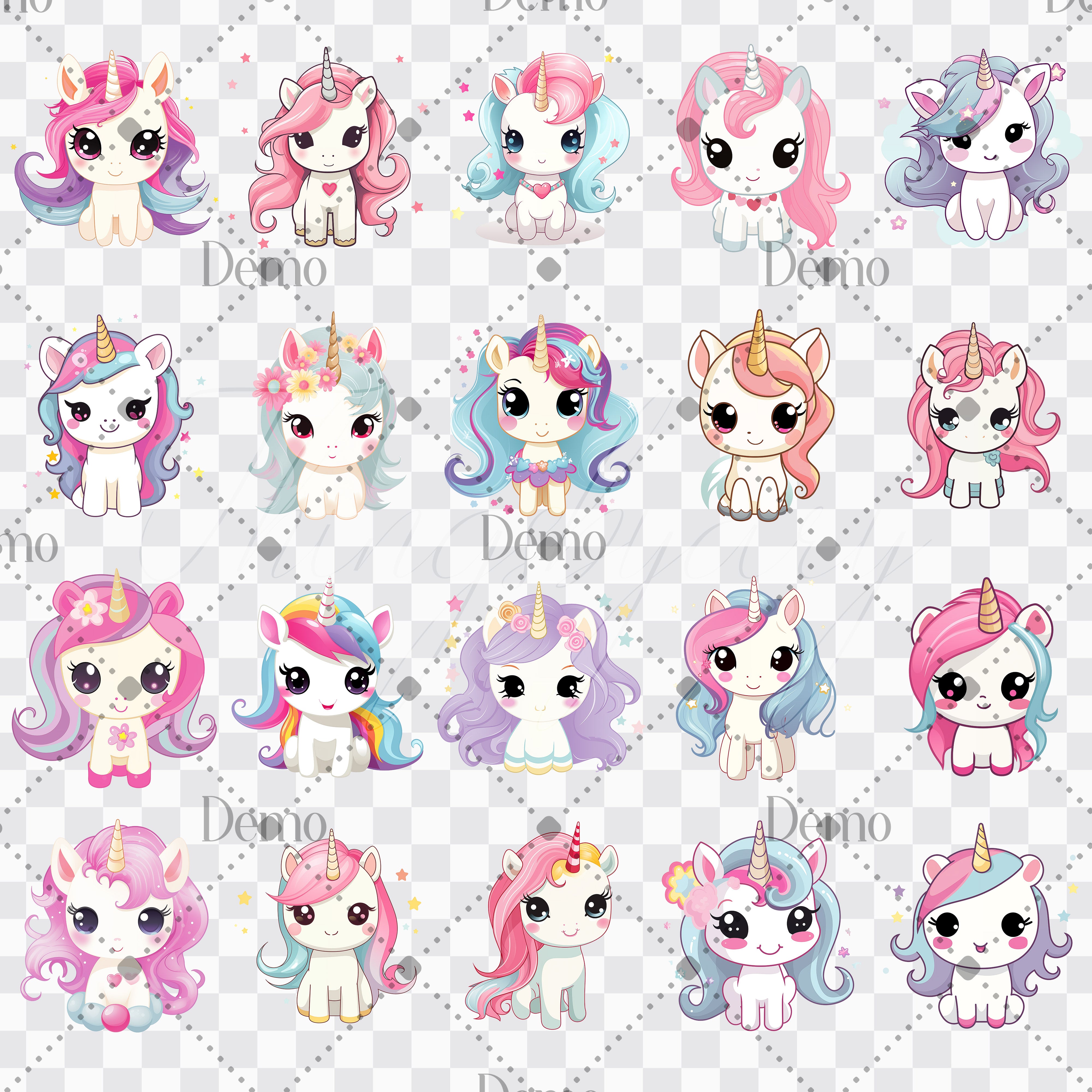 20 Cute Kawaii Unicorn PNG Transparent Background Clip Arts