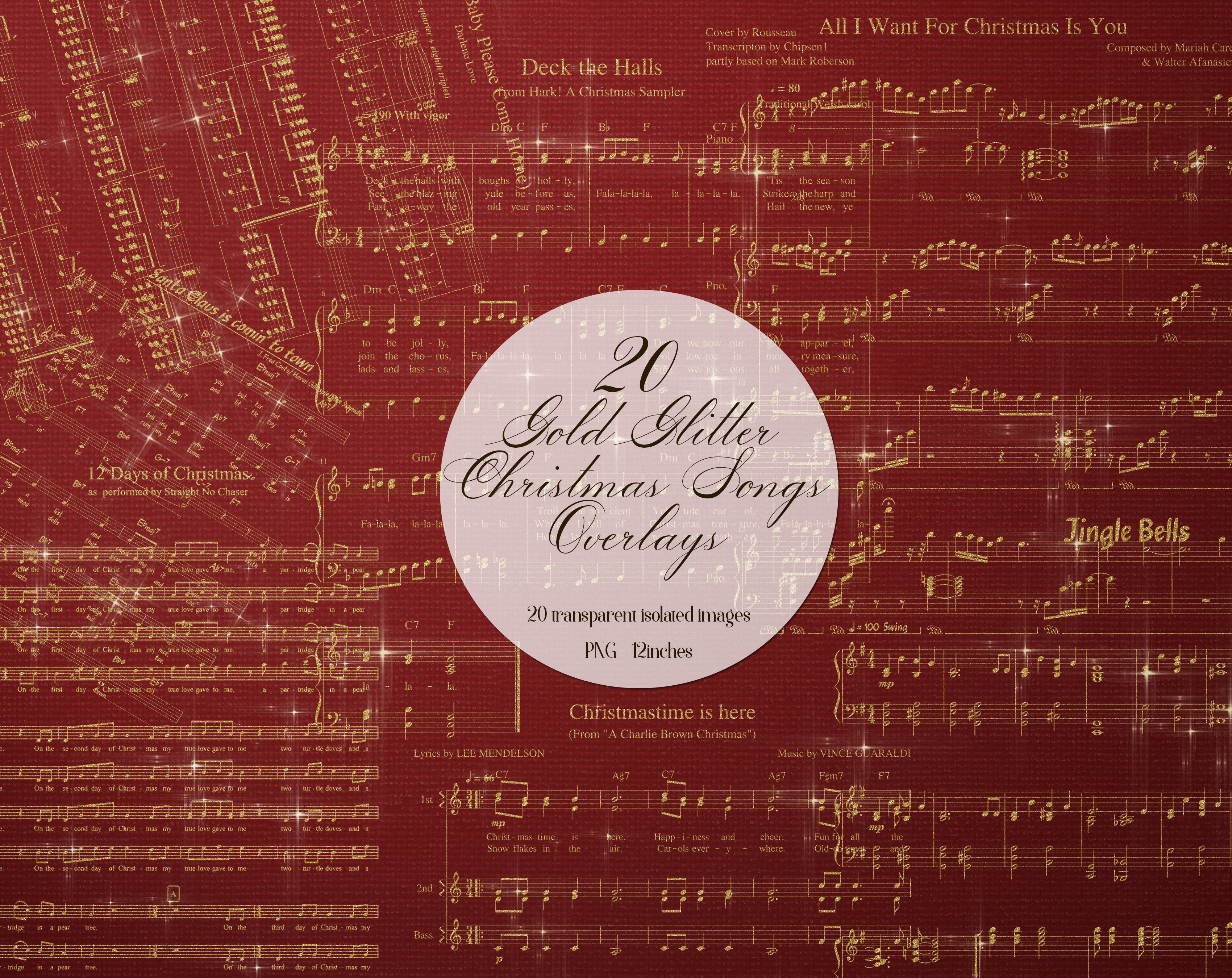 20 Gold Glitter Christmas Songs Music Sheets Overlay PNG Images