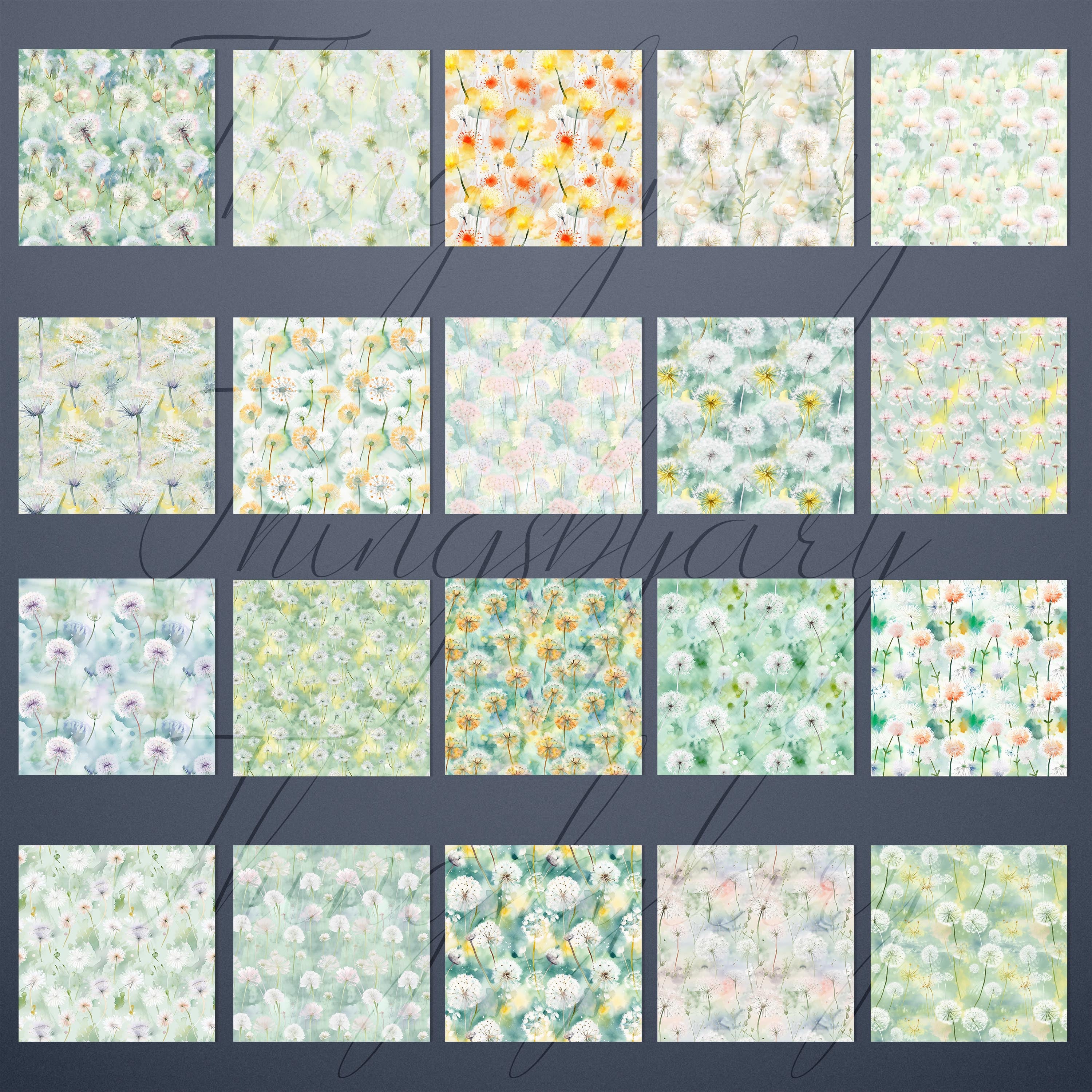 20 Seamless Watercolor Dandelion Digital Papers