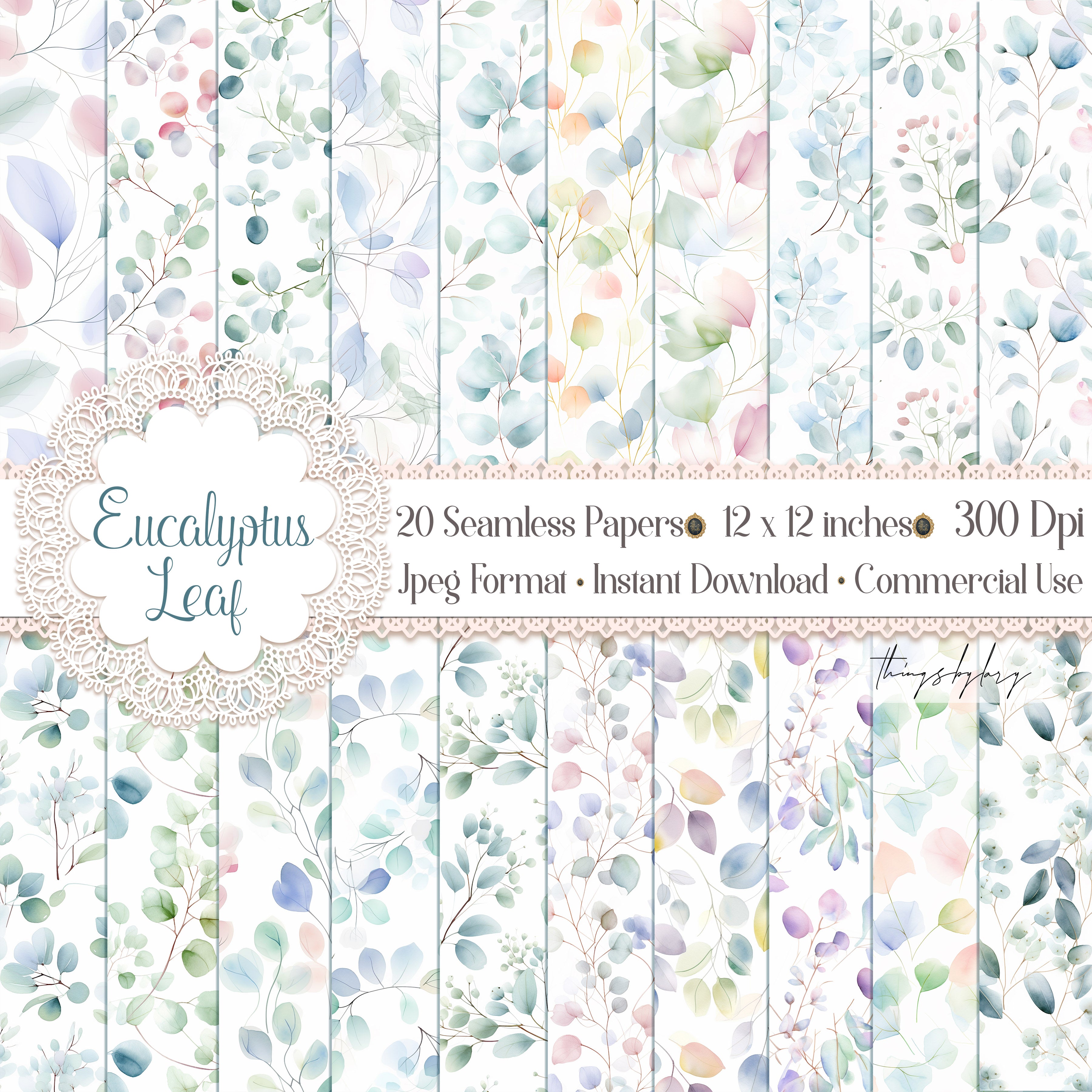 20 Seamless Watercolor Pastel Eucalyptus Leaf Digital Papers