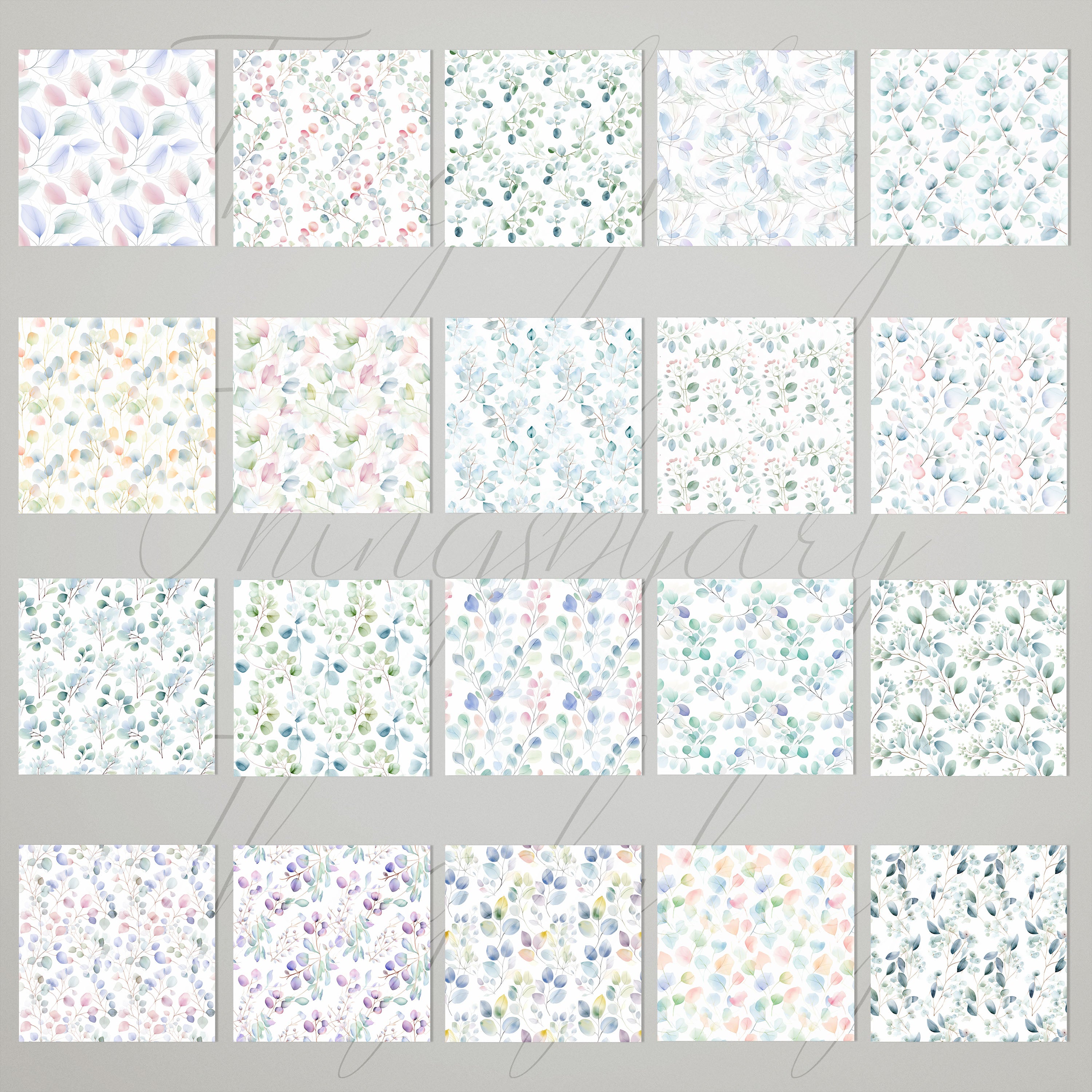 20 Seamless Watercolor Pastel Eucalyptus Leaf Digital Papers